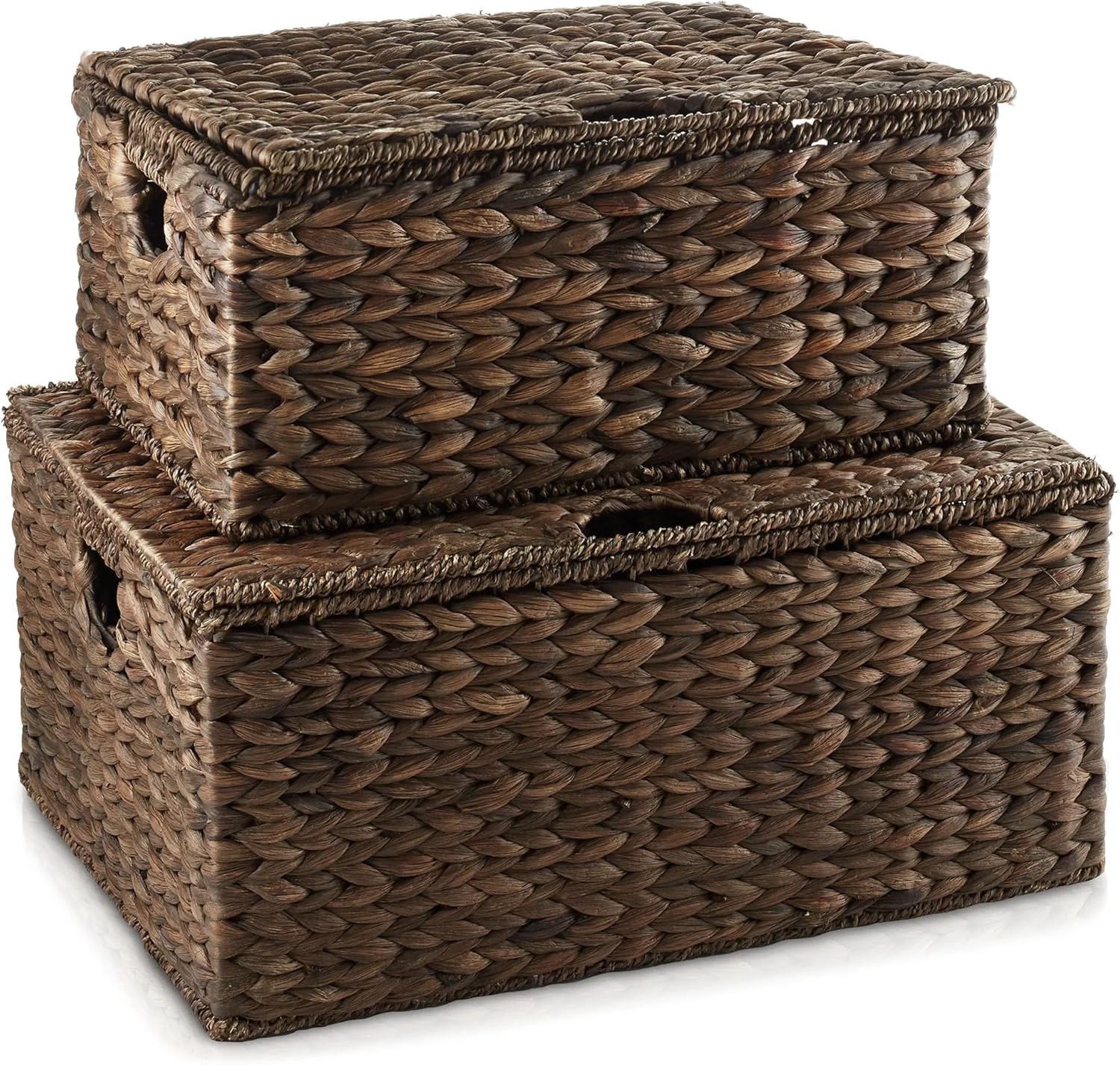 Optimized Casafield Set of 2 Water Hyacinth Rectangular Storage Baskets with Lids Espresso – Medium Large for Bedroom Bathroom Laundry Home Office Detailed
