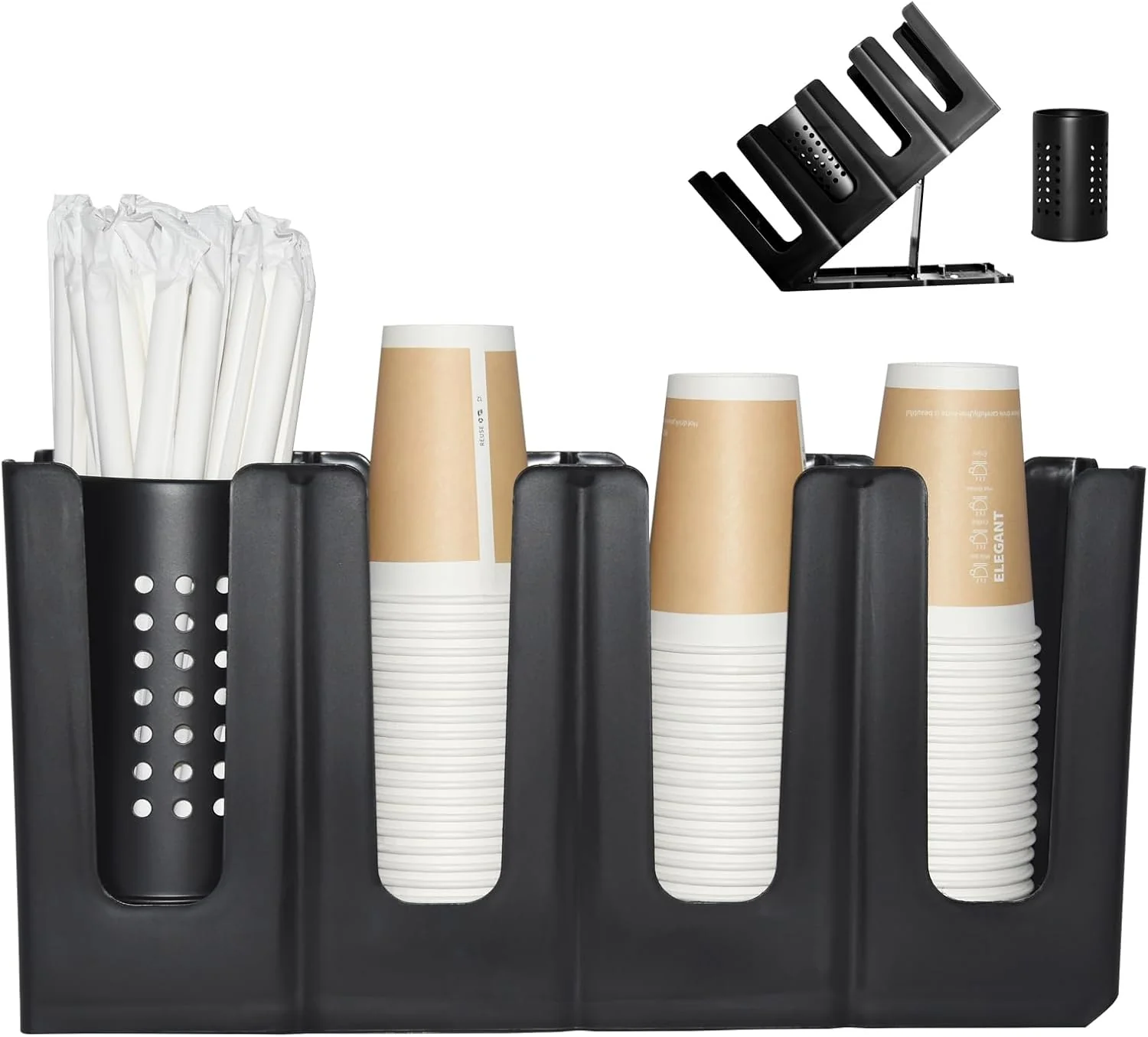 Advanced Cup Holder Lid Dispenser with Straw Organizer 4 Compartment 7 Adjusting Cup Storage Organizer for Breakroom Countertop Coffee Station Bar Restaurant Smart