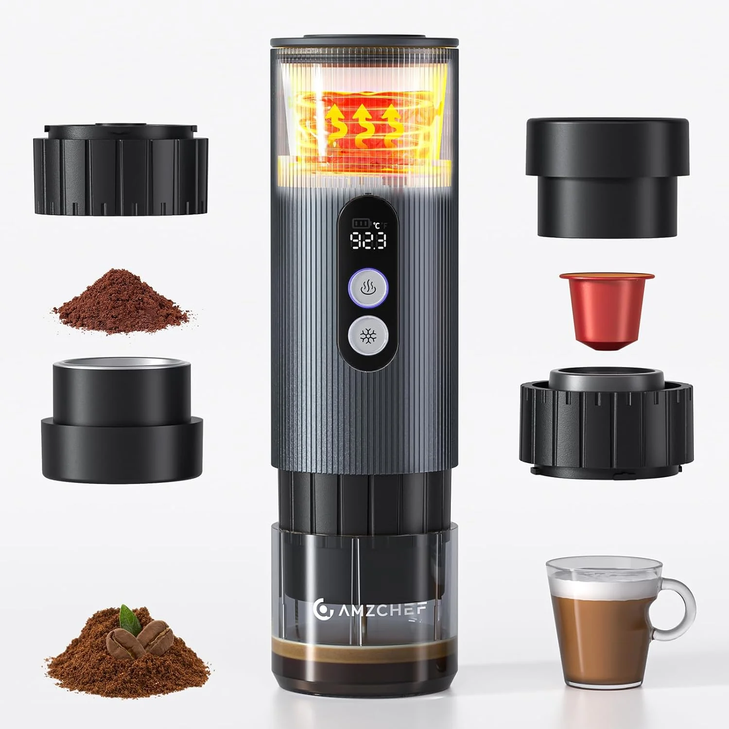 Trendy AMZCHEF Portable Espresso Machine w 9000mAh Battery USB-C 2-in-1 Travel Coffee Maker for Ground NS Capsules Car Coffee Machine Self-Heating for Camping RV Hiking Office Aluminum Sophisticated