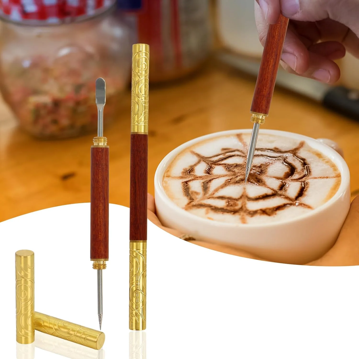 Exclusive Latte Art Pen 1Pcs Stainless Steel and Brass with Rosewood Handle of Tools – Barista Tools for Art on Latte Cappuccino Espresso Enhanced