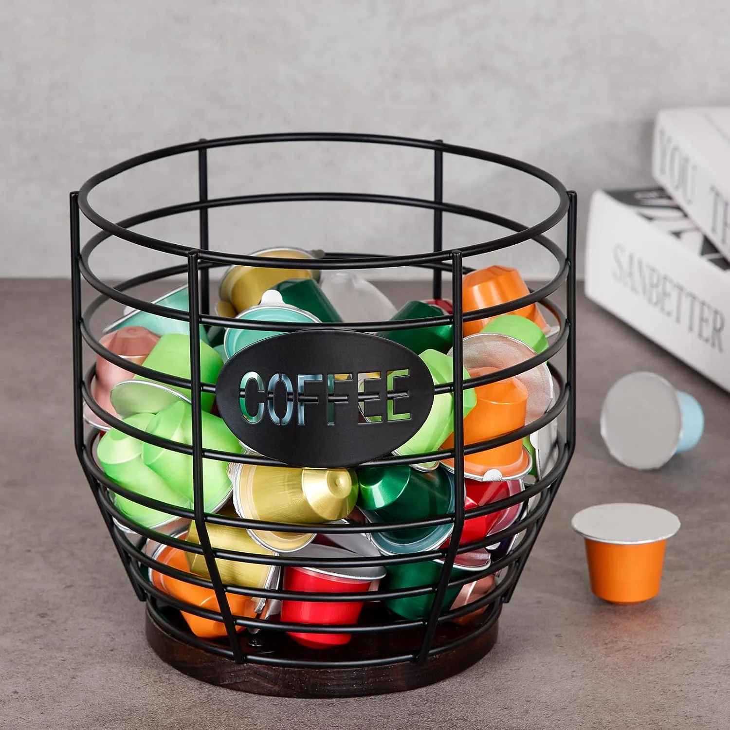 Trusted Yangbaga Large Coffee Pod Holder Black Wire K-Cup Holder with Wood Base 3L Large Capacity-Stainless Steel Basket Bar Decor-Multi-Purpose Storage-Easy Clean- Fit for Coffee Bar Pod Capsule Station Powerful