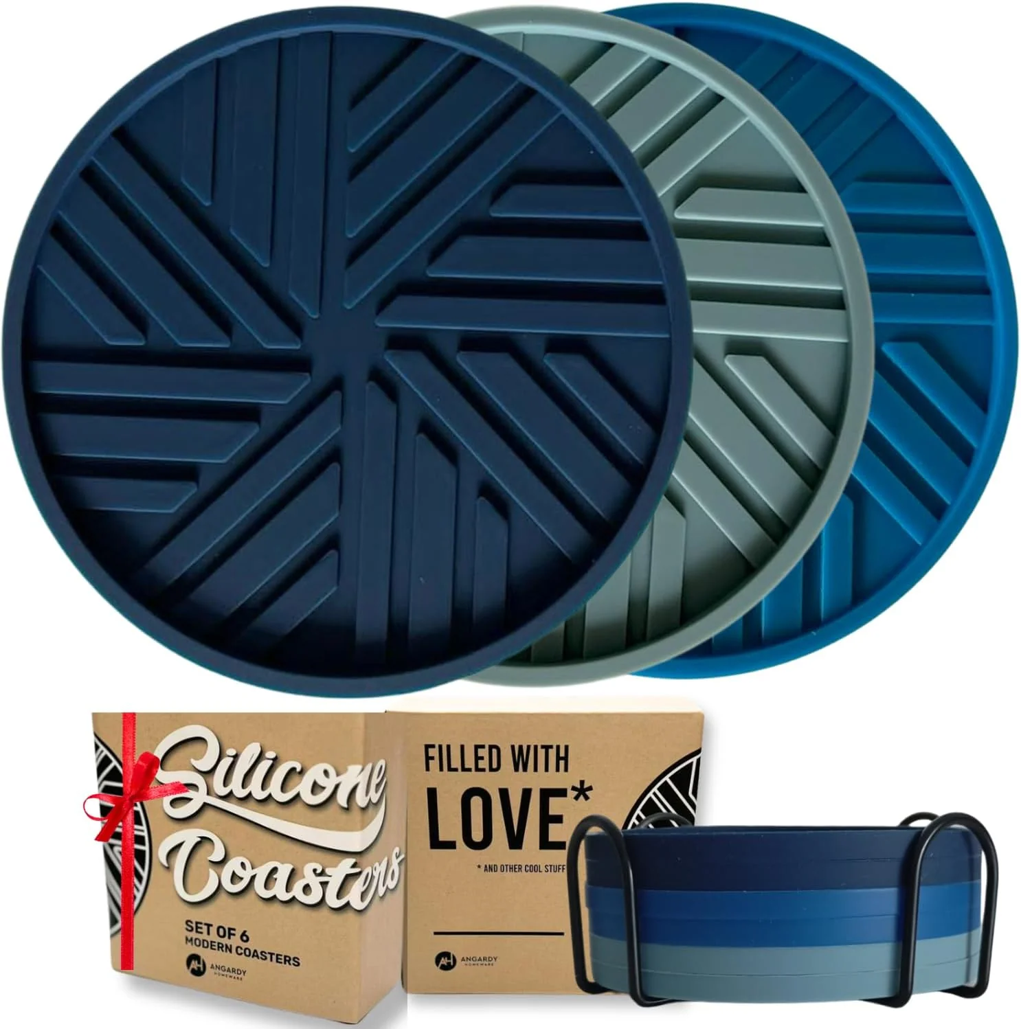 Environmentally Friendly Coasters Set of 6 – Silicone Drink Coasters for Home Decor and Coffee Table Modern Elegant Blue Pattern – Round 4 Housewarming Gifts Outstanding