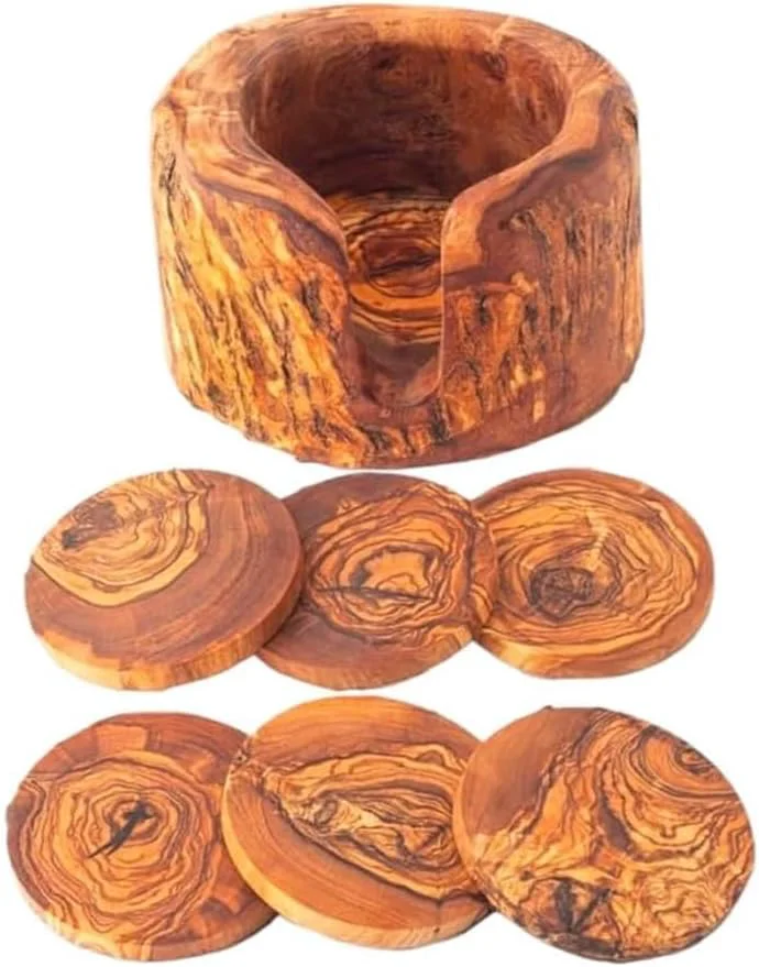 Specialty Kamsah Olive Wood Coasters Set of 6 Holder – Handmade Natural Durable Wooden Coasters for Drinks – Round Rustic Farmhouse Coaster for Table Next-Generation