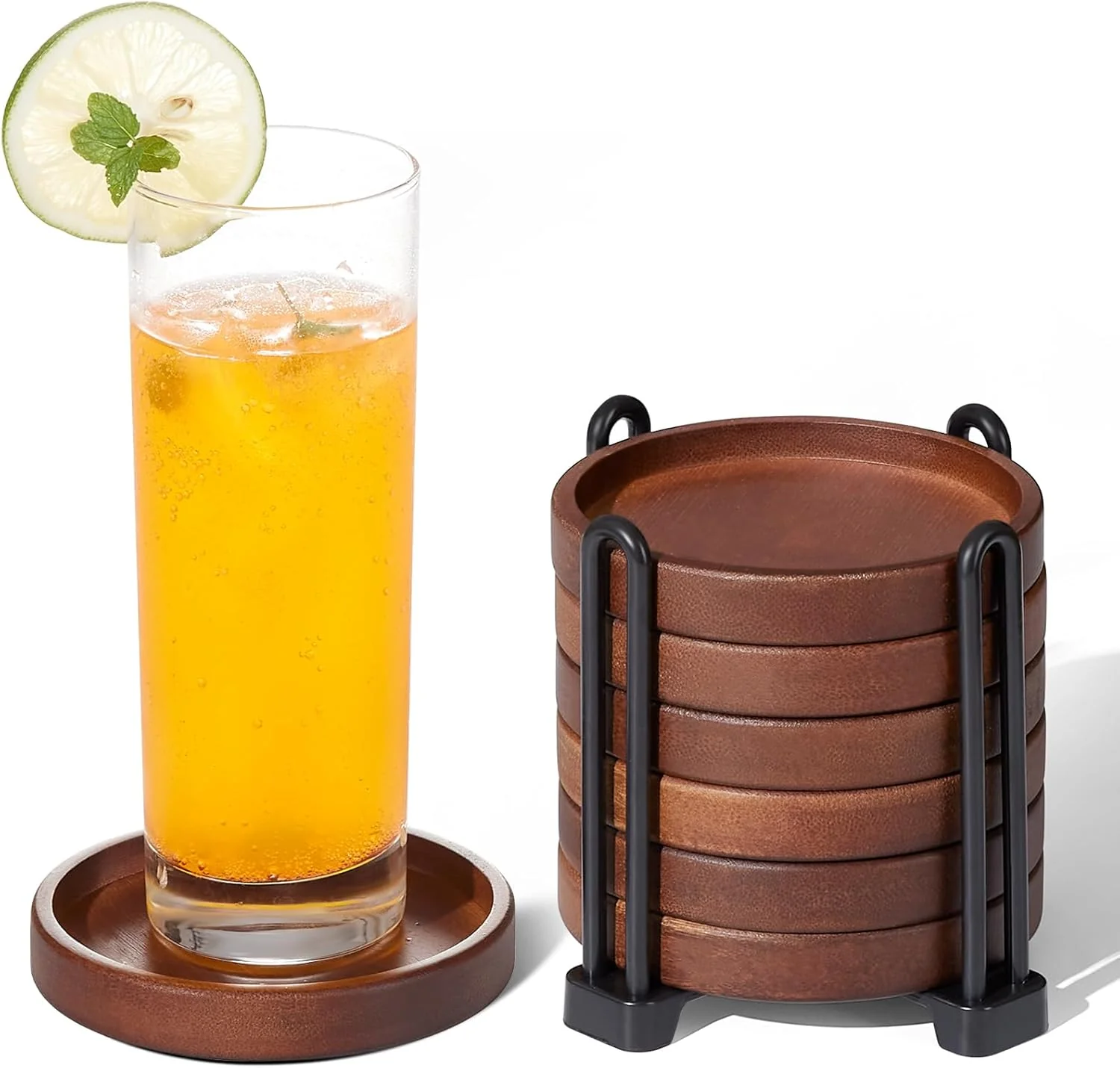 Expertly Made Set of 6 Wooden Coasters With Holder – Coffee Table Coasters for Drinks Modern Home Decor Dining Table Decorative Set Soft