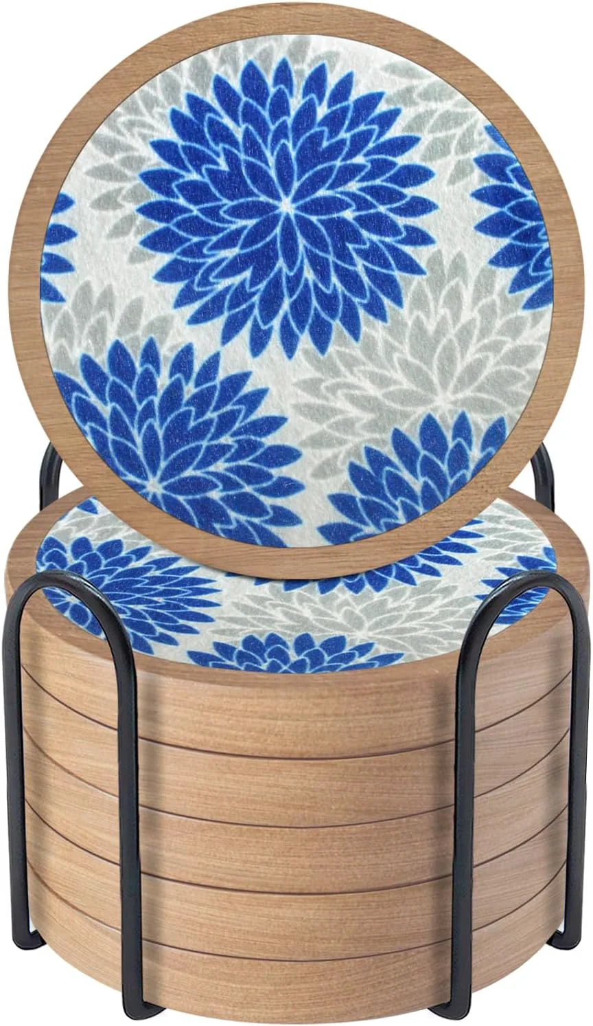 Recyclable Wood Coasters Set of 6 with Holder Cewiru Cup Mat for Drinks Absorbent Coasters with Felt Insert for Coffee Table Protection Modern Style Home Dining Table Decor 4.3 Blue Official