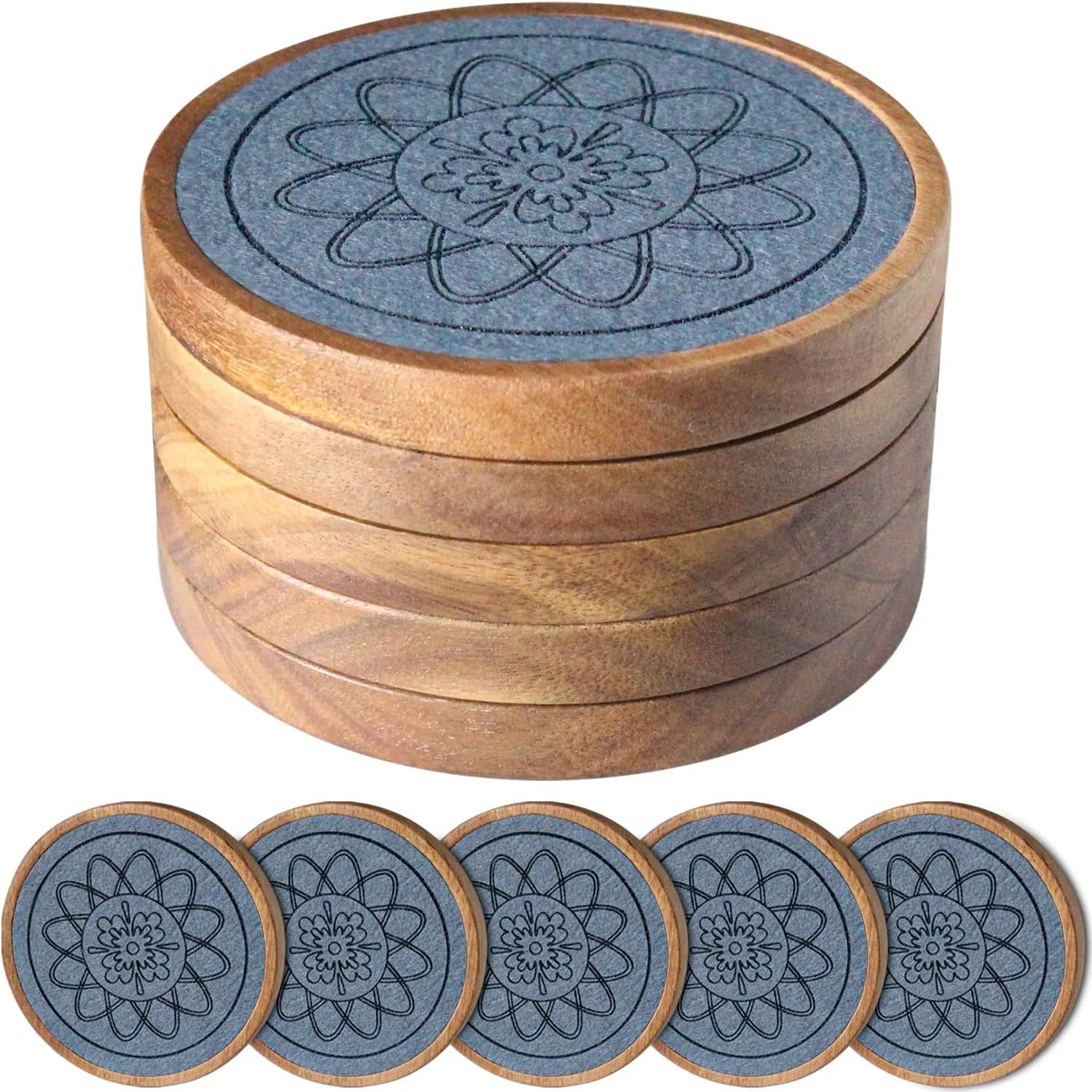 Genuine Wood Coasters for Drinks Absorbent Coaster Sets of 5 Drinks Coasters for Coffee Tabletop Protection Non-Slip Non-Stick Suitable for Kinds of Cups Wooden Table Hot or Cold Drink 4.3 Inches Convenient