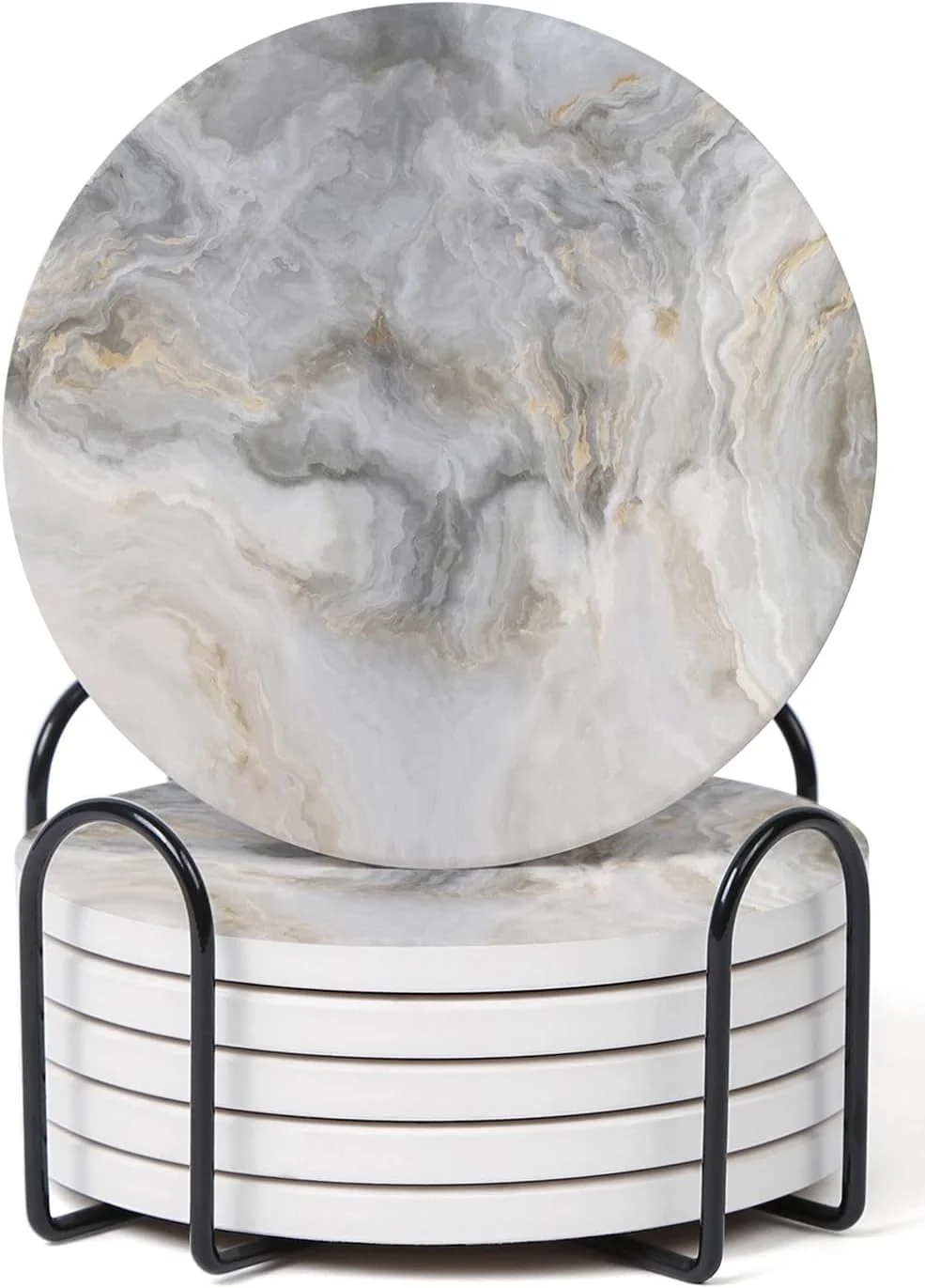 Modern Set of 6 Abstract Gray White Marble Coasters with Holder Absorbent Ceramic Coasters for Drinks Coasters with Cork Backing for Table Protection Refined