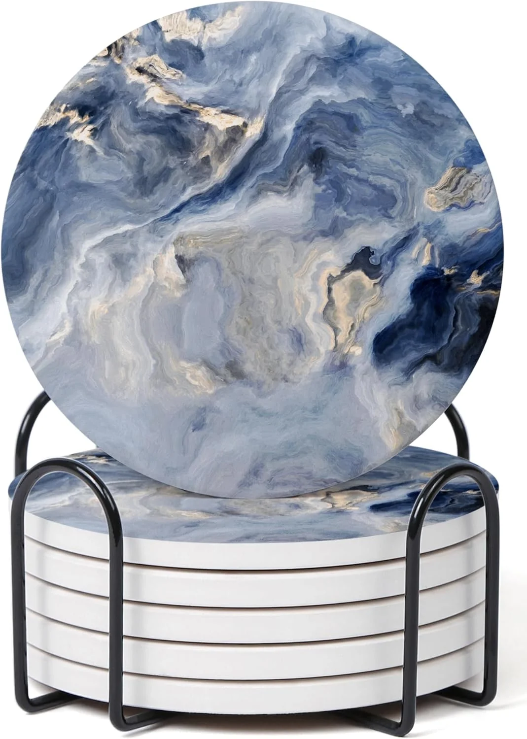 Soft Set of 6 Abstract Navy Blue Marble Coasters with Holder Absorbent Ceramic Drink Coasters for Table Protection Housewarming Gifts for New Home Advanced
