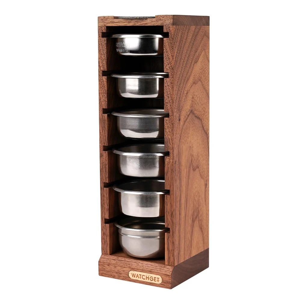 Innovative watchget 58mm Espresso Filter Basket Stand Portafilter Basket Holder Rack Holds 6 Espresso Filter Basket Puck Screen Holder Walnut Wood Functional