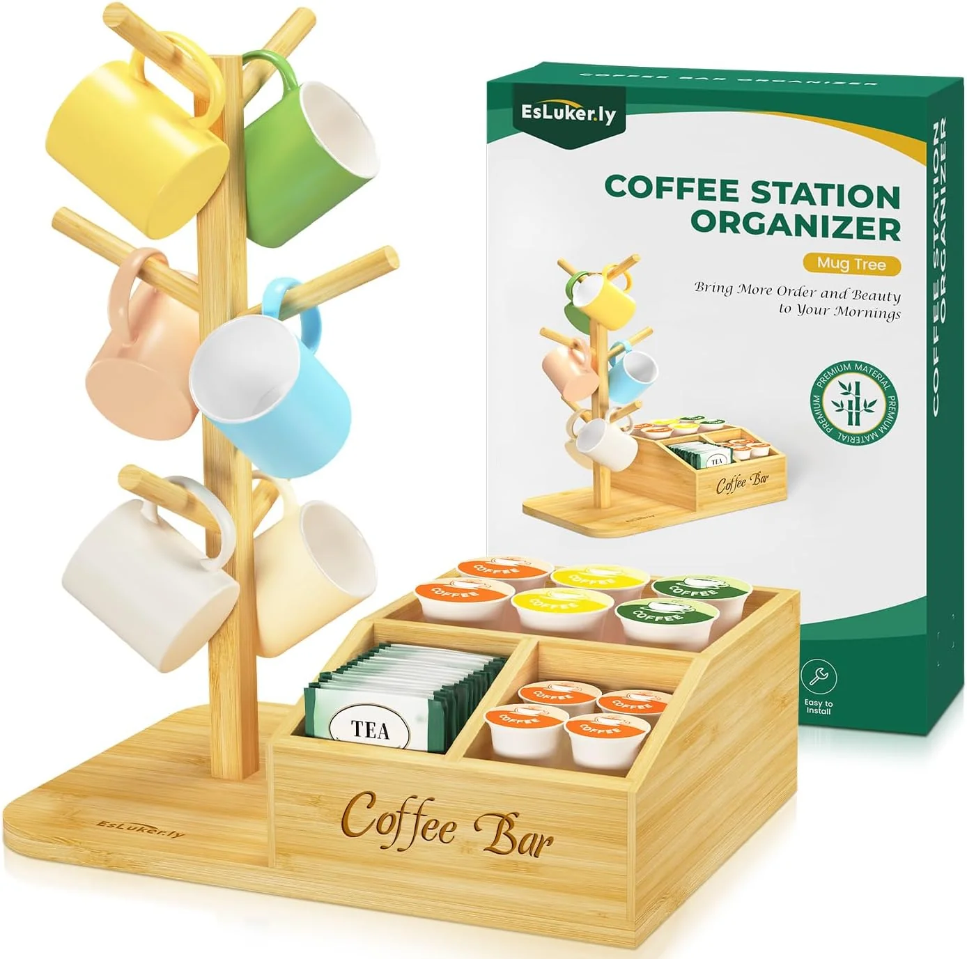 Recyclable EsLuker.ly Mug Tree Holder Stand Countertop Bamboo Coffee Cup Organizer Rack for Kitchen Office Versatile