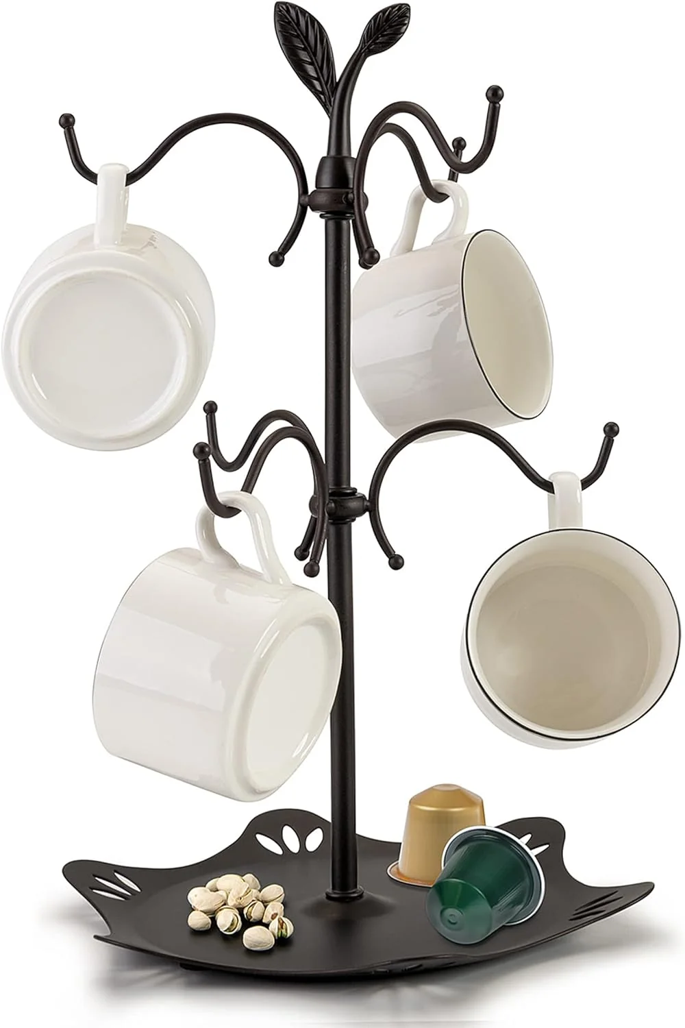 Sustainable Coffee Mug Holder for Large Mugs Mug Tree for Counter Cup Holder for Countertop Mug Rack with Tray Metal Mug Tree with 6 Hooks Artisan