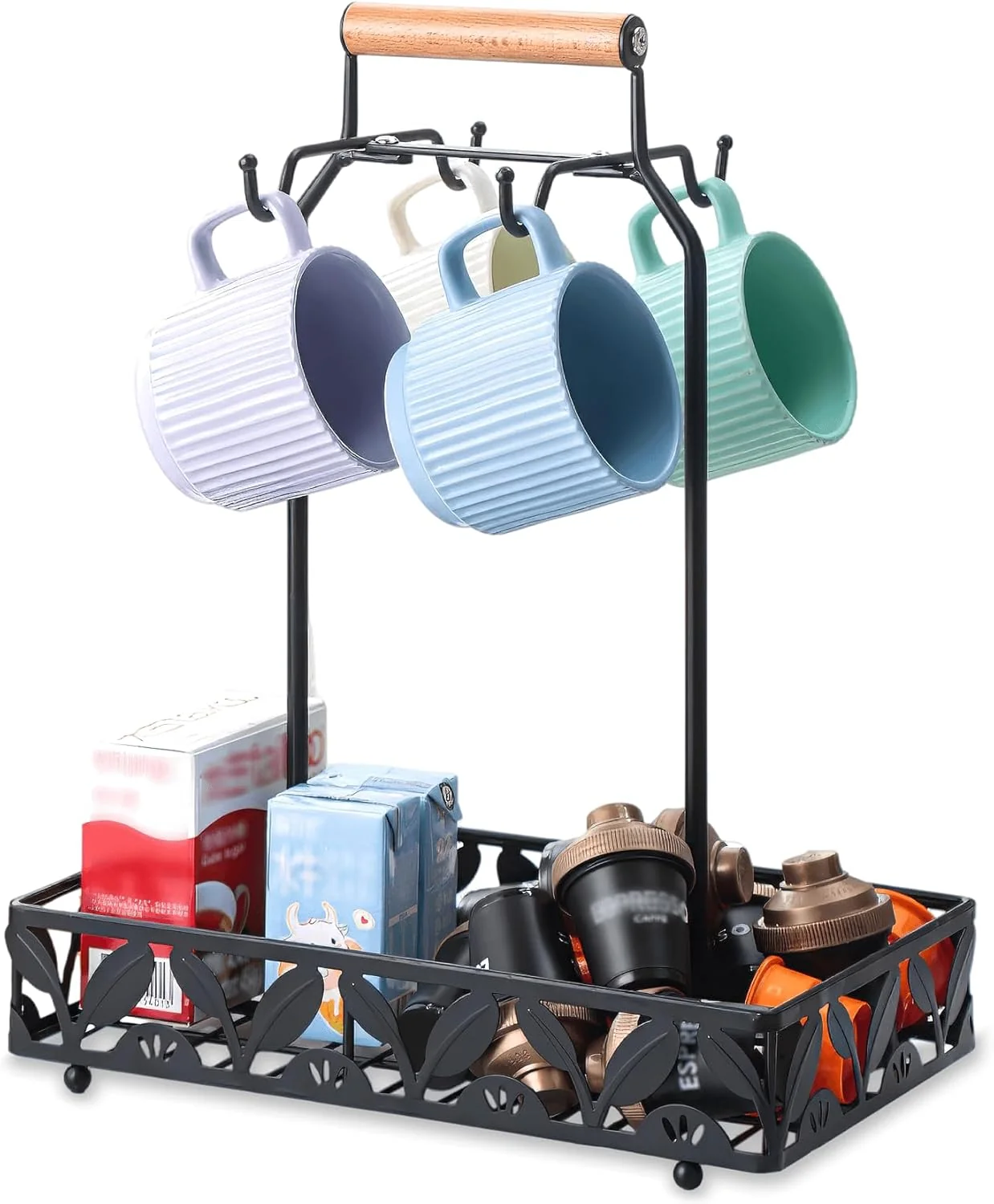 Organic Coffee Mug Holder for Countertop Mug Tree Mug Rack with Storage Basket 2-in-1 Organizer Holds 4 Large Mugs Traditional