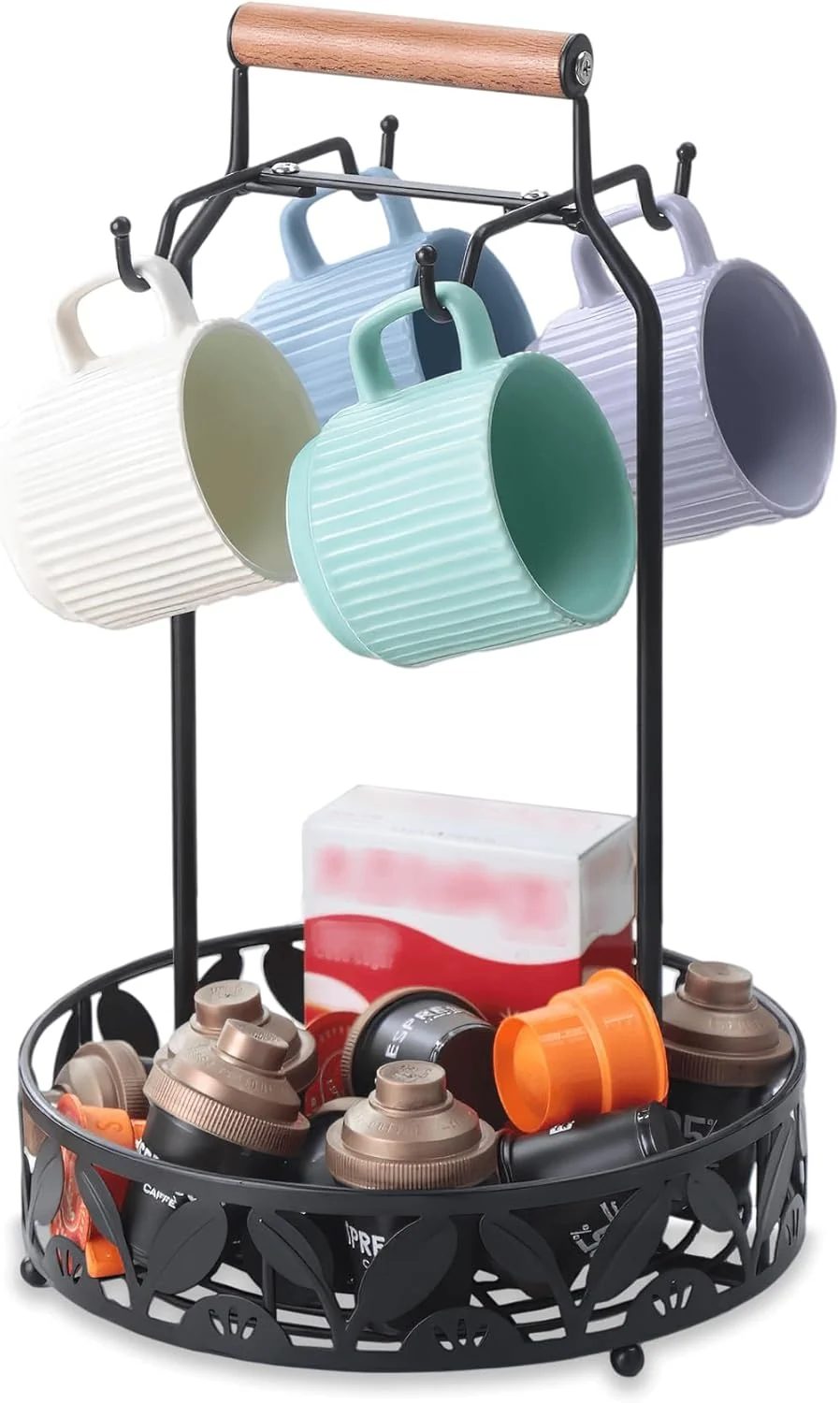 Enhanced Mug Holder for Countertop 2-in-1 Mug Tree for Large Mugs Coffee Cup Stand with Storage Basket – Mug Rack Organizer for Coffee Bar Accessories Outstanding