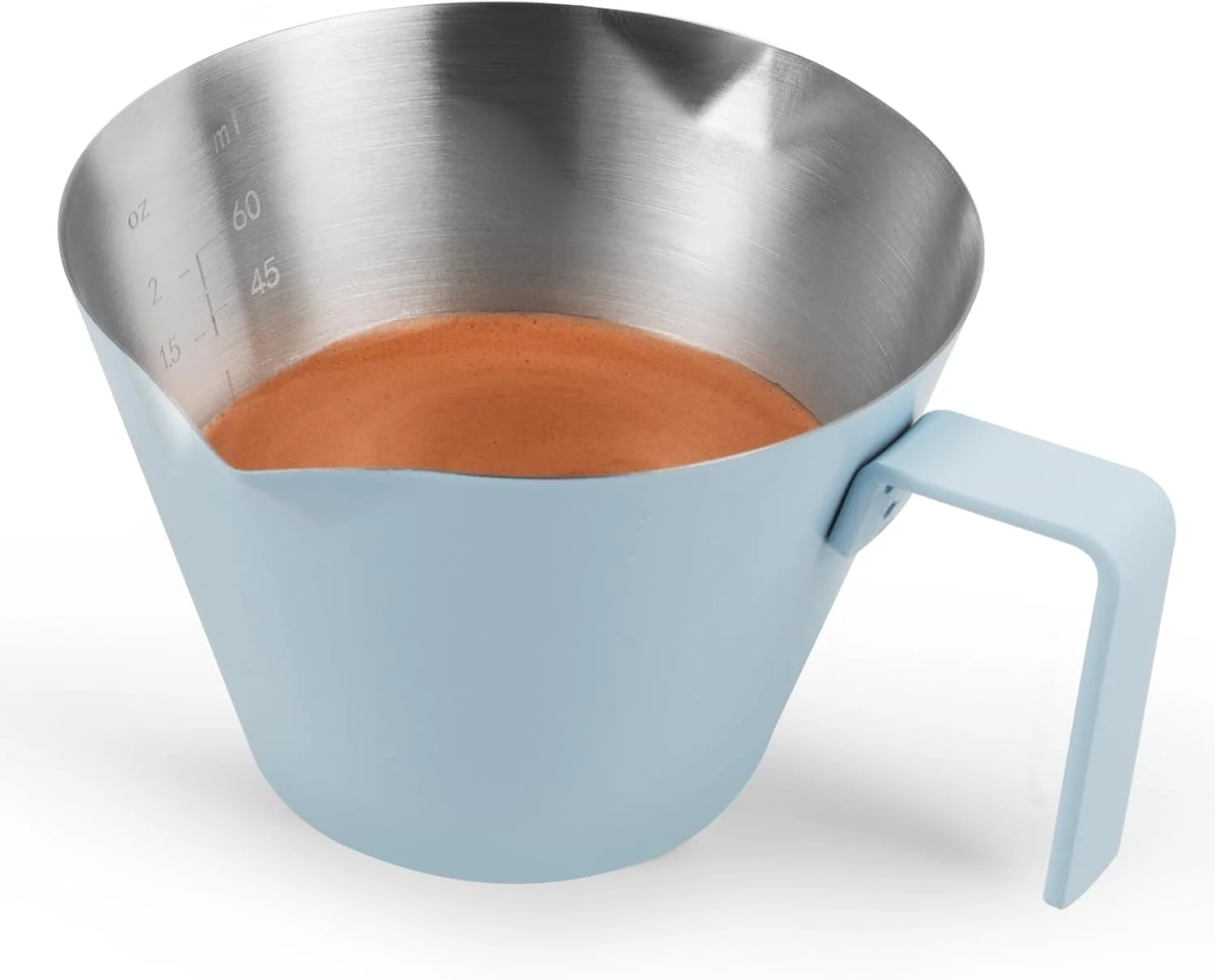 Original MHW-3BOMBER Espresso Measuring Cups Double Spouts Stainless Steel Espresso Pour Cup Espresso Shot Cups with Handle Scale Metal Measuring Cups with V-Shaped Mouth 3.4OZ 100ML Blue G5668-OS Original Design