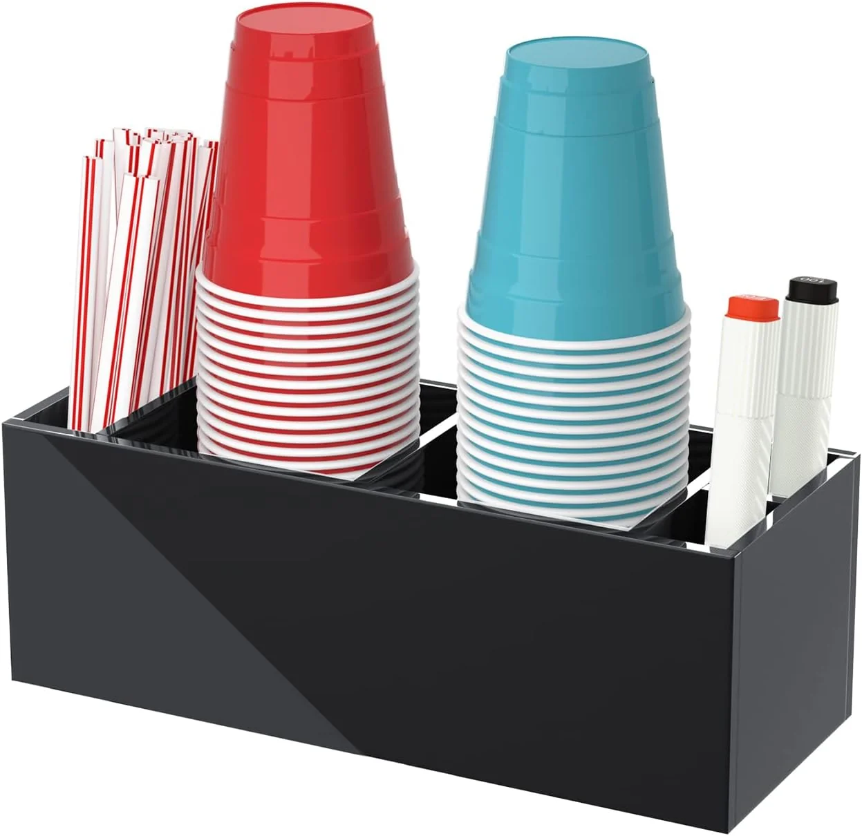 Optimized Double Cup Holder with Marker Slot Party Cup Dispenser Acrylic Cup Organizer Mark Your Cup and Drink Up Caddy Modern Bar Counter Decor Black Trendy
