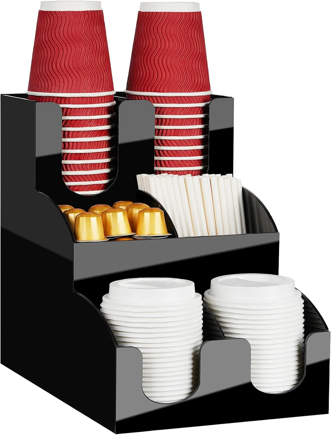 Environmentally Friendly Myityard Coffee Station Organizer 3-Tier Coffee Bar Accessories for Countertop Acrylic Condiment and Cup Storage Organizer 6 Compartments Practical