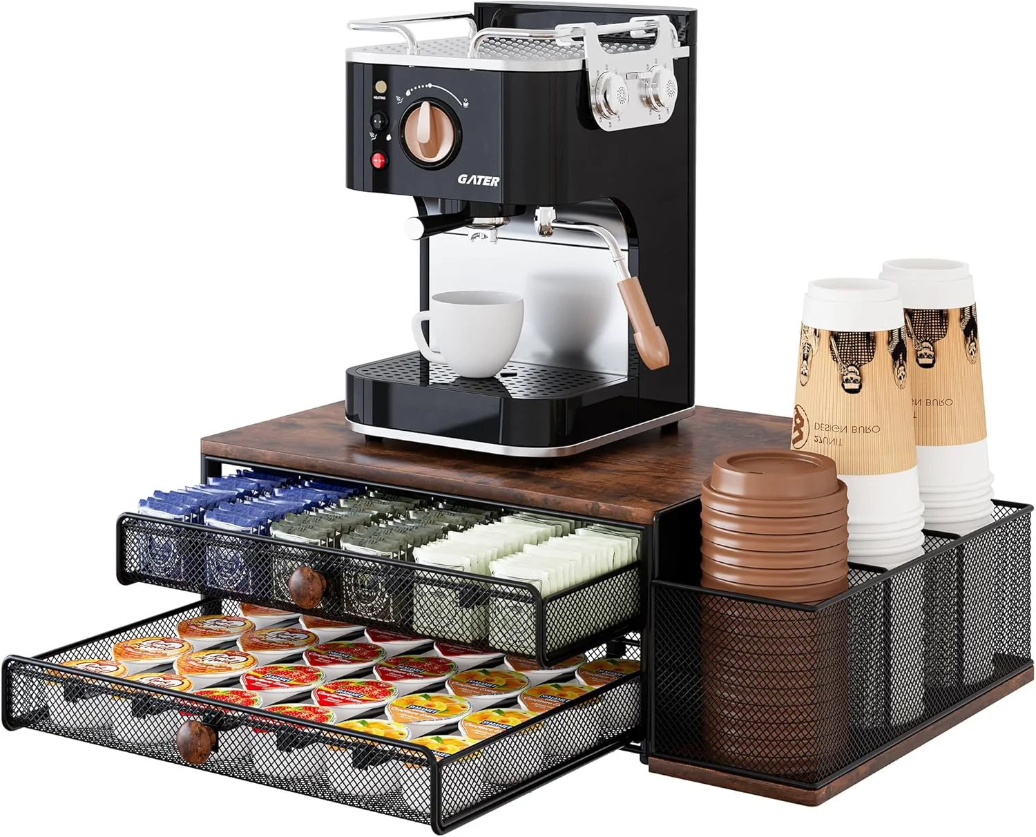 High-Quality Coffee Bar Organizer 60 Capacity K Cup Organizer for Countertop 2 Tier Sliding Coffee Pod Storage Drawer with Disposable Cup Lid Holder Black High-End