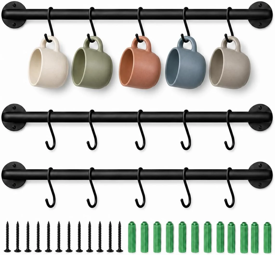 Eco-Friendly Coffee Mug Holder Wall Mounted 3 Pack Coffee Cup Rack with 12 Removable Hooks 16.5 Inch Metal Mug Hanger for Coffee Bar Kitchen and Dining Room Black Responsible