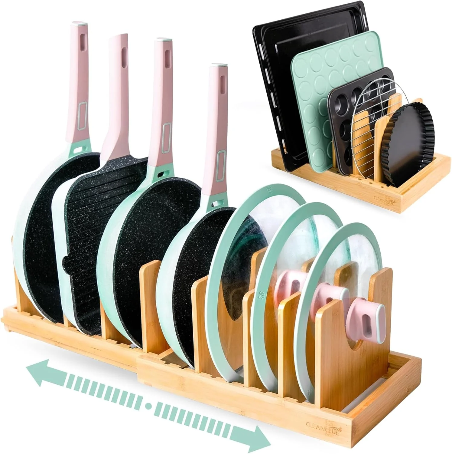 Sustainable Pots and Pans Organizer under Cabinet Bamboo Expandable Bakeware and Cutting Board Organizers Adjustable Pot Lids Holder Rack Traditional