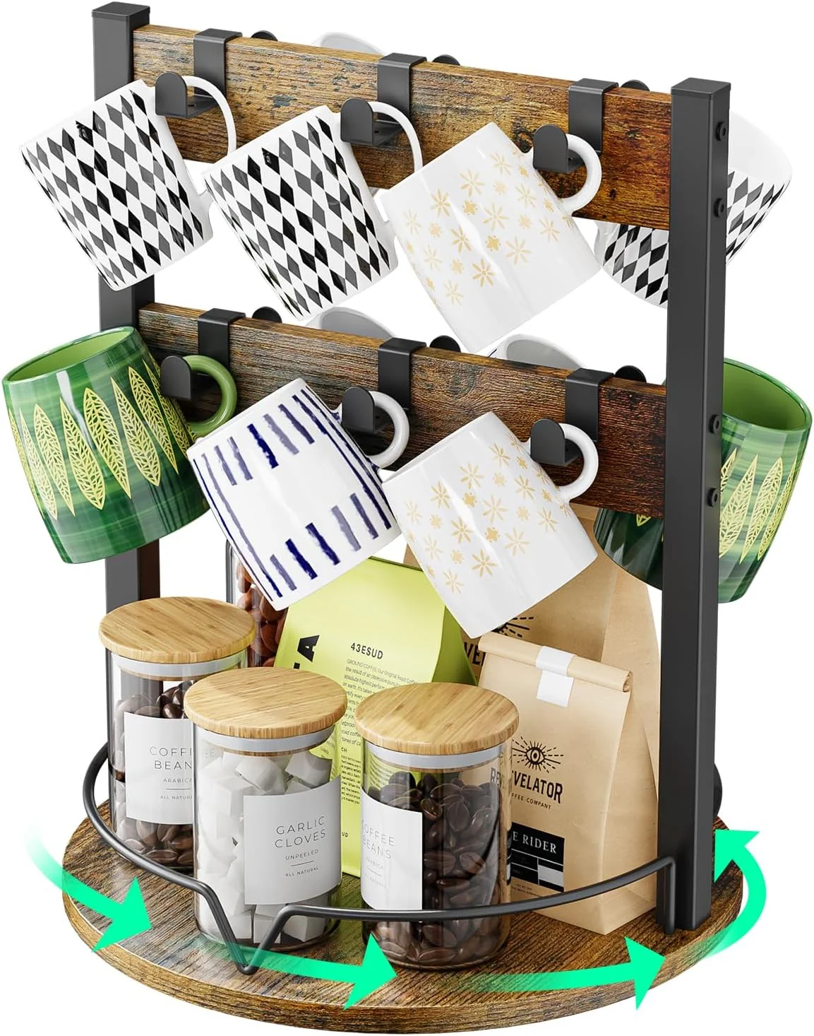 Authentic KLM Wood Coffee Mug Holder 12 Hook Mug Tree Holder Rack with Storage Base Mug Display Organizer Mug Holders for Home Kitchen Powerful