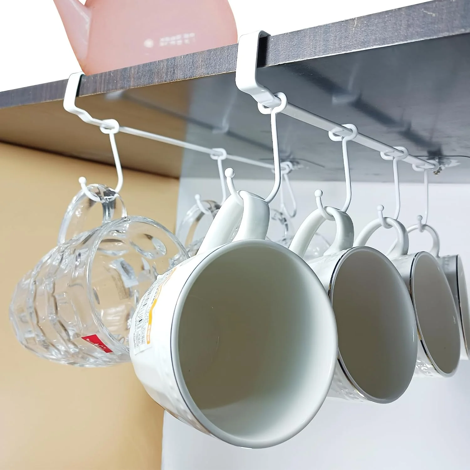World-Class Adjustable Mug Holder Under Cabinet – Coffee Cup Holder with 8 Mug Hooks Under Shelf – White – Space Saving and Versatile User-Friendly
