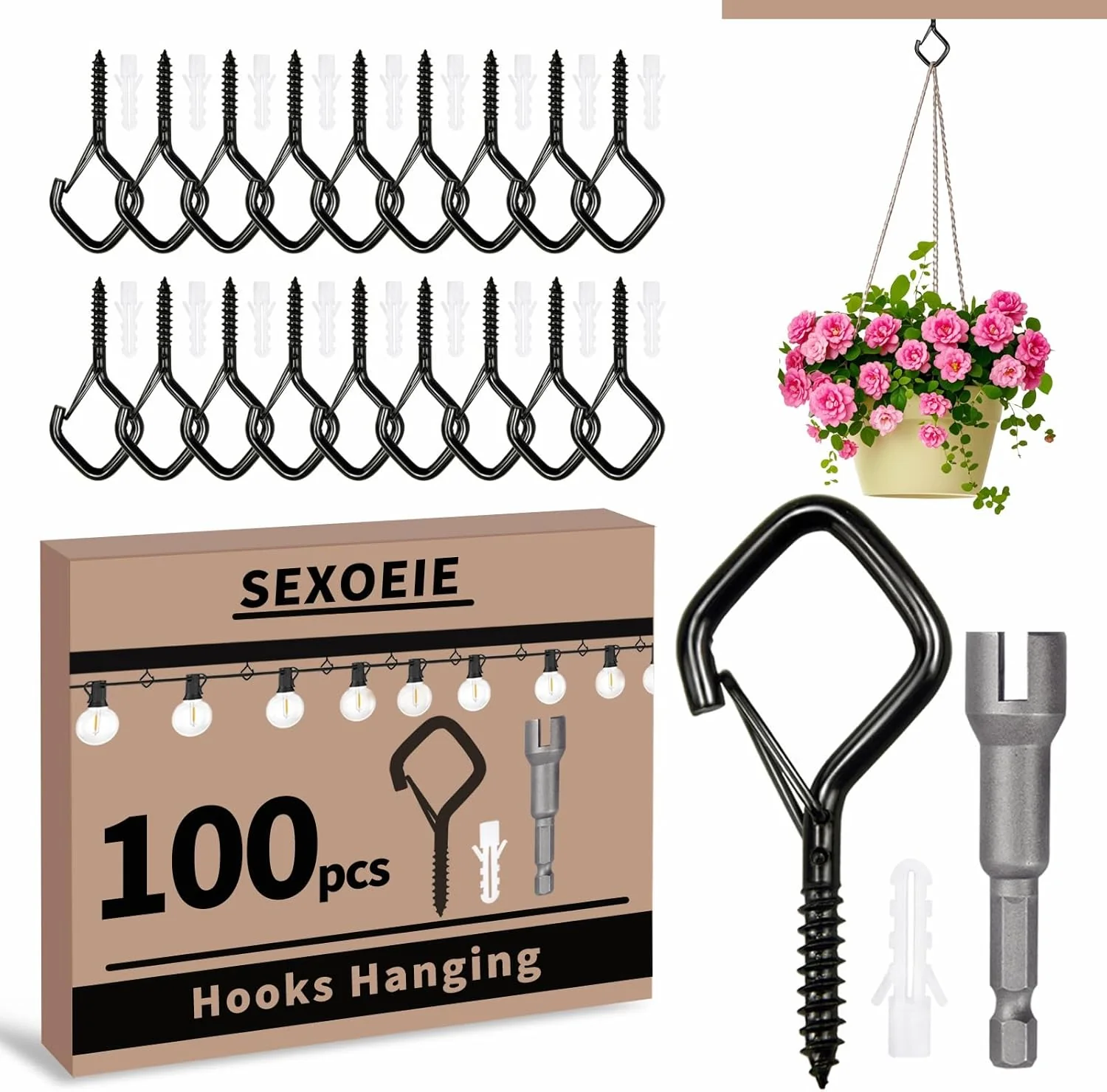 Authentic 100 PCS Black Eye Screw Hooks for Hanging Heavy Duty with Safety Buckle.Metal Ceiling Hooks for Hanging Plants Cup Wind Chime Bird Feeders Patio Exceptional