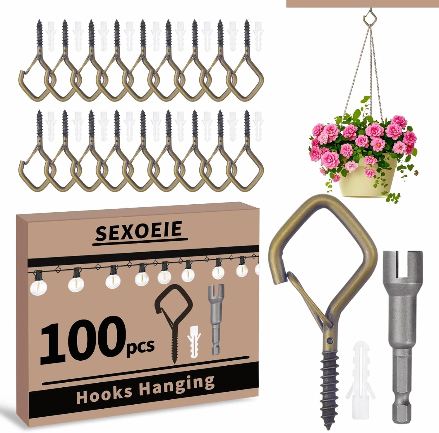 Carefully Designed 100 PCS Bronze Eye Screw Hooks for Hanging Heavy Duty with Safety Buckle.Metal Ceiling Hooks for Hanging Plants Cup Wind Chime Bird Feeders Patio Dependable