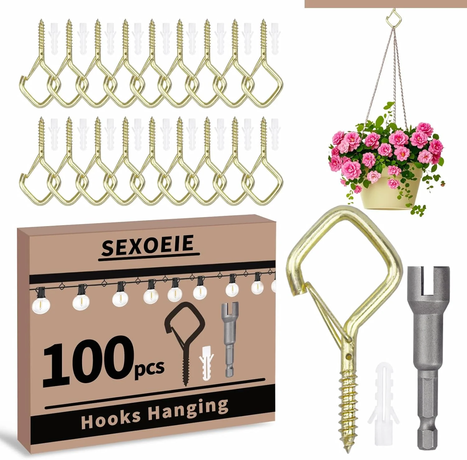 Top-Quality 100 PCS Gold Eye Screw Hooks for Hanging Heavy Duty with Safety Buckle.Metal Ceiling Hooks for Hanging Plants Cup Wind Chime Bird Feeders Patio User-Friendly