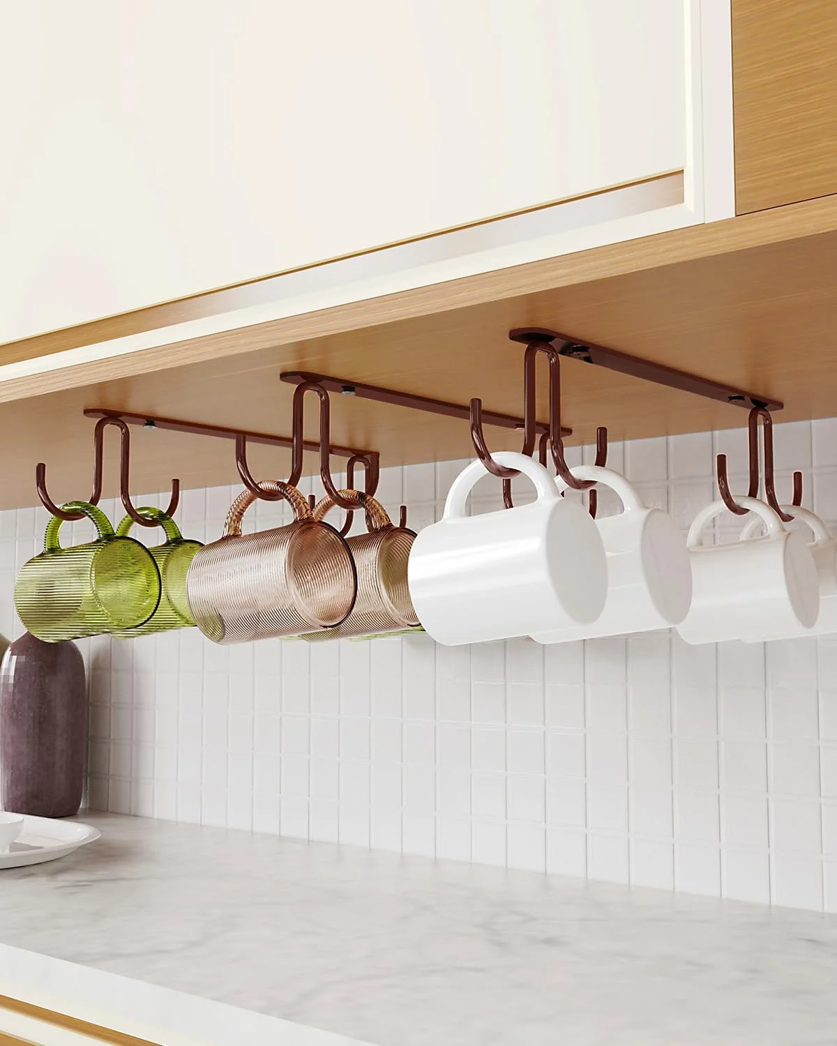 Green Mug Hooks Under Cabinet 3 Pack Coffee Cup Hooks for Hanging Under Shelf Mug Organizer Rack with 12 Hooks for Displaying Mugs Reusable