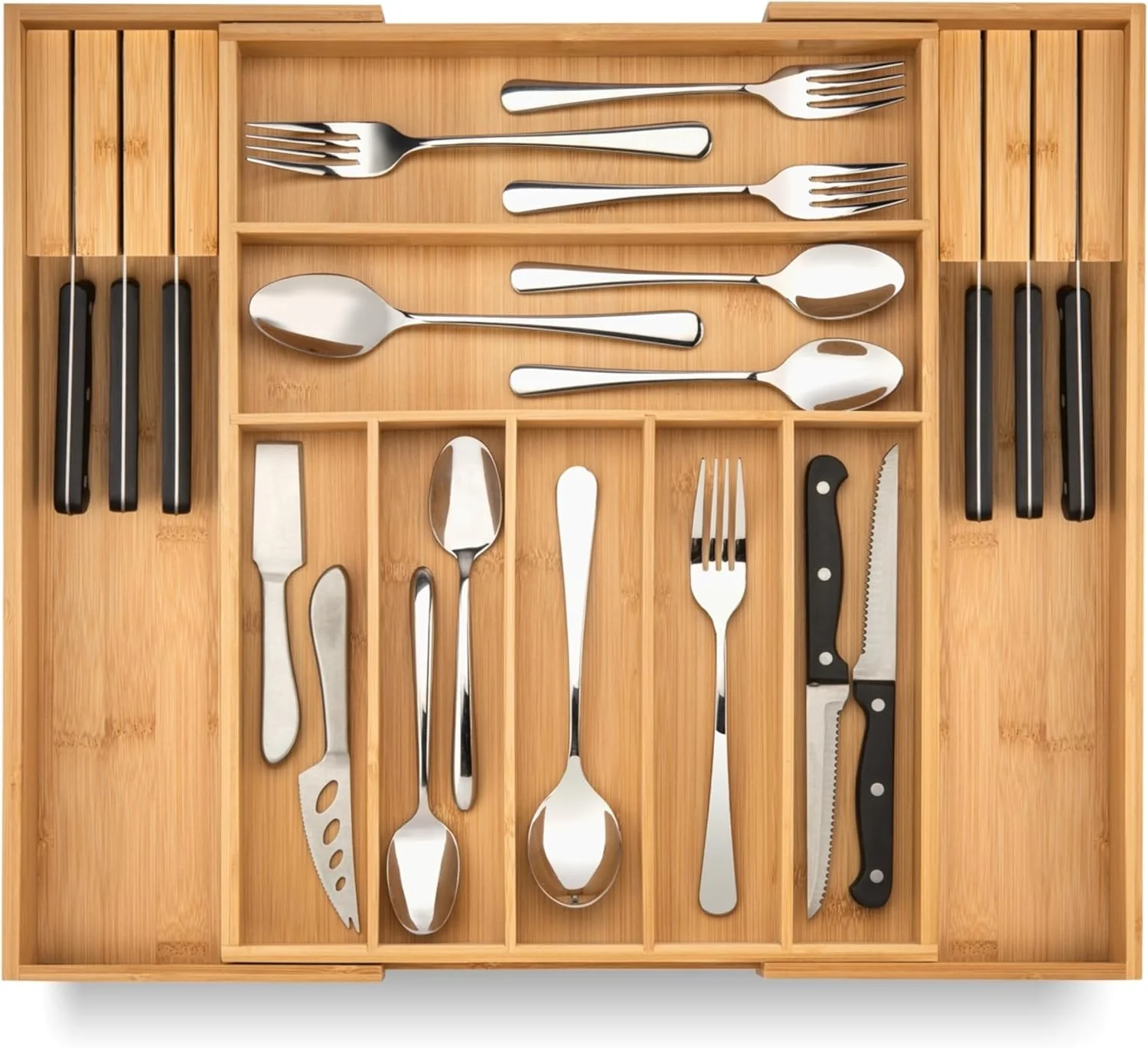 Comfortable Bamboo Drawer Organizer with Knife Blocks – Silverware Organizer Utensil Drawer Organizer Cutlery Tray with Dividers Carefully Designed