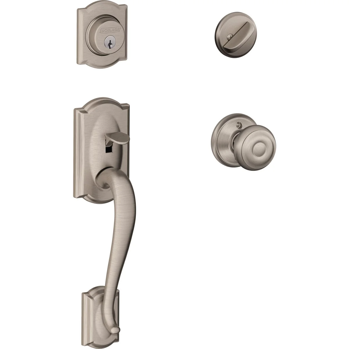 Trendy Schlage Satin Nickel Camelot Entry Door Handleset with Single Cylinder Deadbolt and Georgian Knob Exclusive