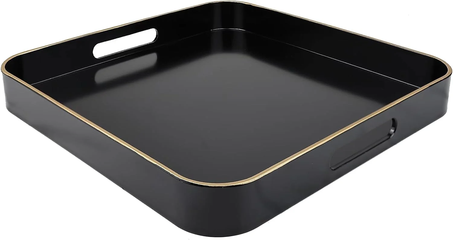 Convenient Black Square Decorative Tray with Handles 13 13 Versatile Serving Tray for Coffee Table Ottoman I for Serving Displaying Organizing Consistent