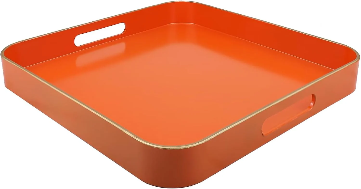 Elite Orange Square Decorative Tray with Handles 13 13 Versatile Serving Tray for Coffee Table Ottoman I for Serving Displaying Organizing Modern