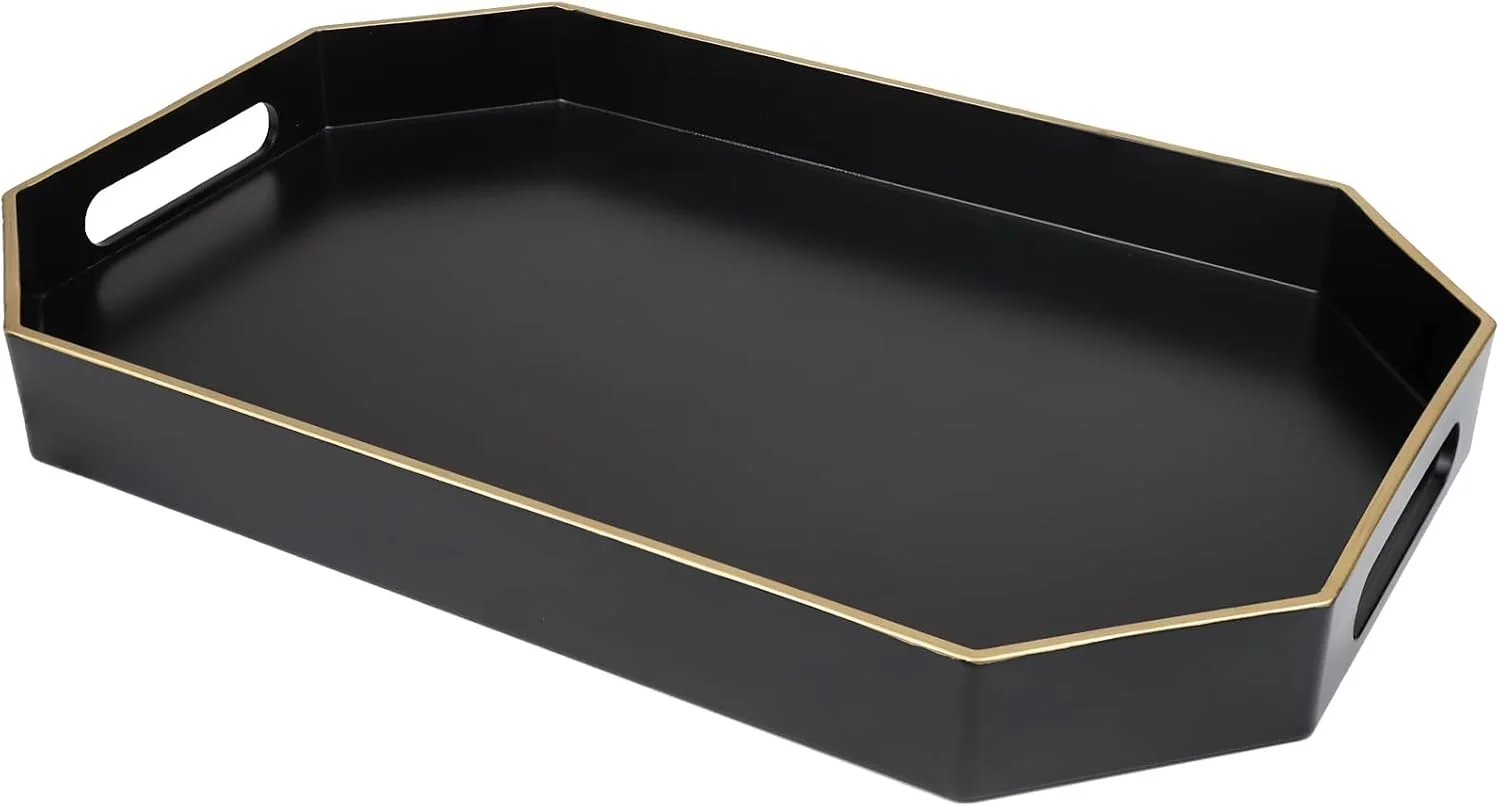 Stylish Black Decorative Tray with Handles Octagon Versatile Serving Tray for Coffee Table Ottoman I for Serving Displaying Organizing Decorative Tray Serving Tray for Displaying Organizing 15.7 10.2 1.57 Sustainable