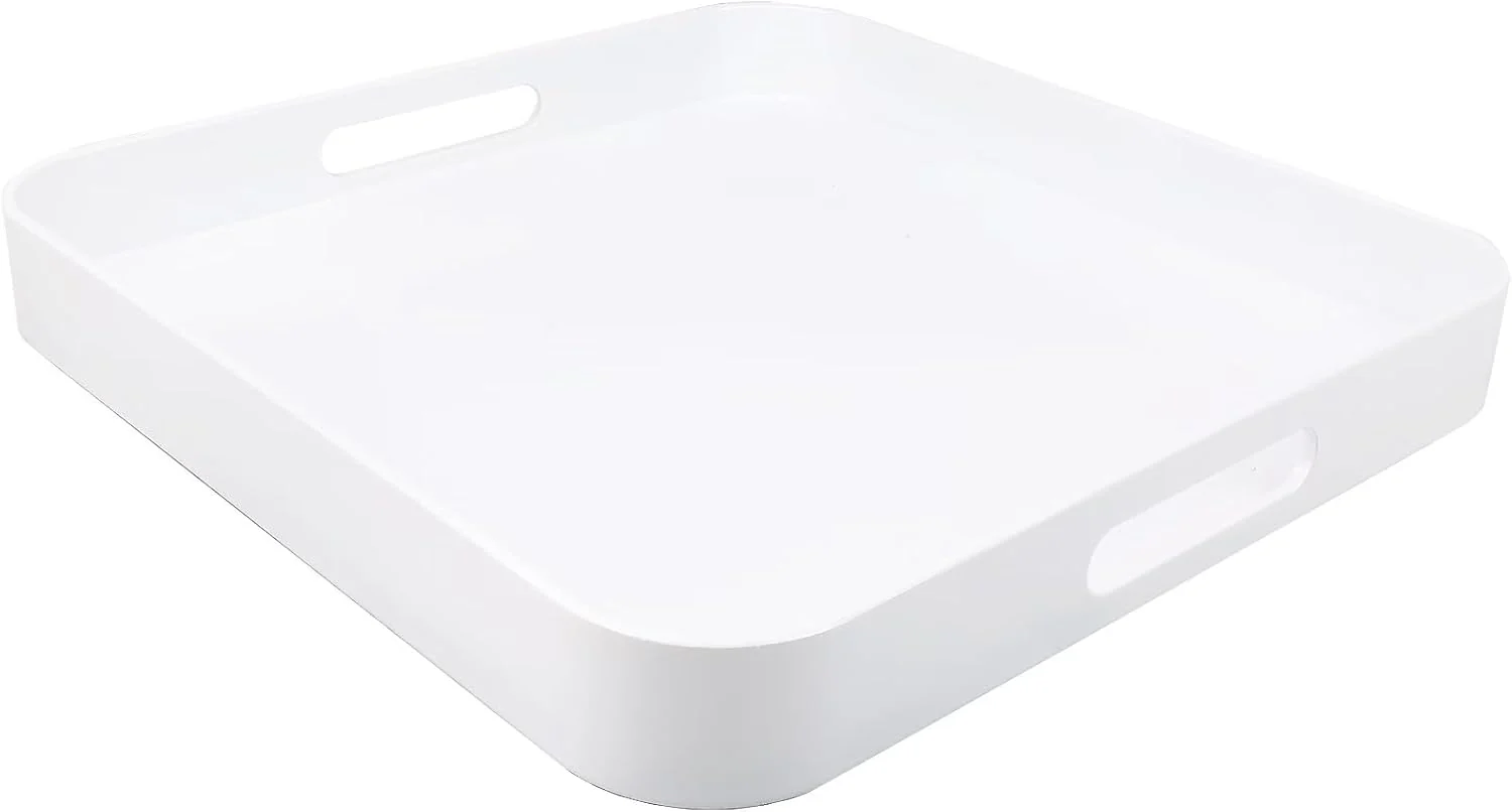 Minimalist Square White Decorative Serving Tray with Handles Versatile Ottoman Tray for Coffee Table Entertaining Outdoor Patio Living Room 13 13 1.6 Fine