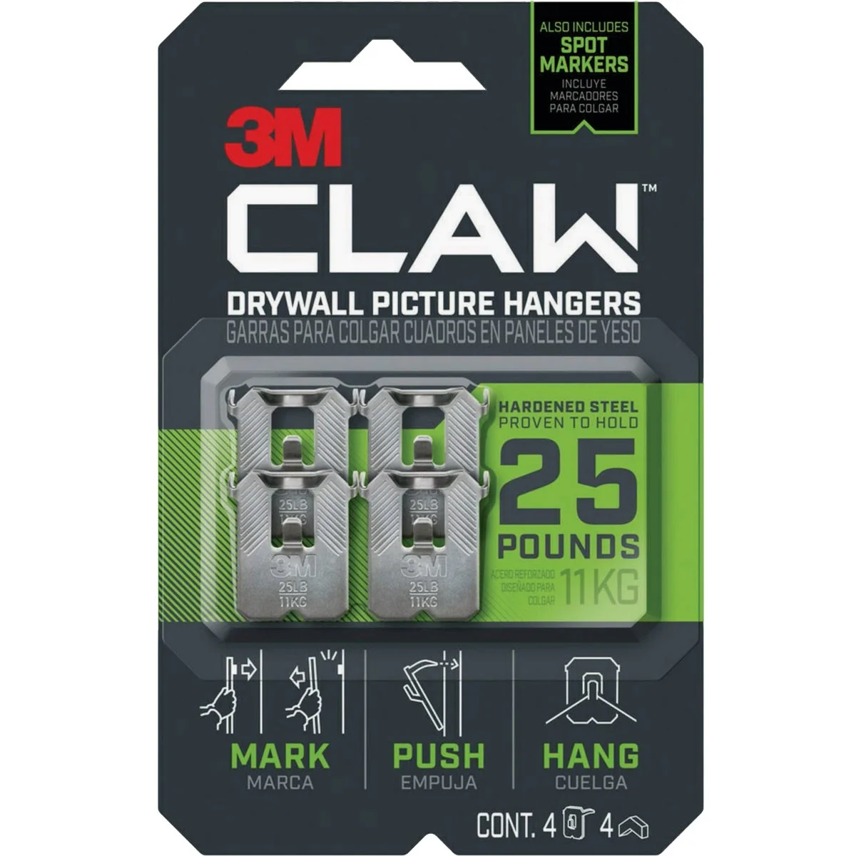 Natural 3M Claw 25 Lb. Drywall Picture Hanger with Temporary Spot Marker 4 Hangers 4 Markers Responsible