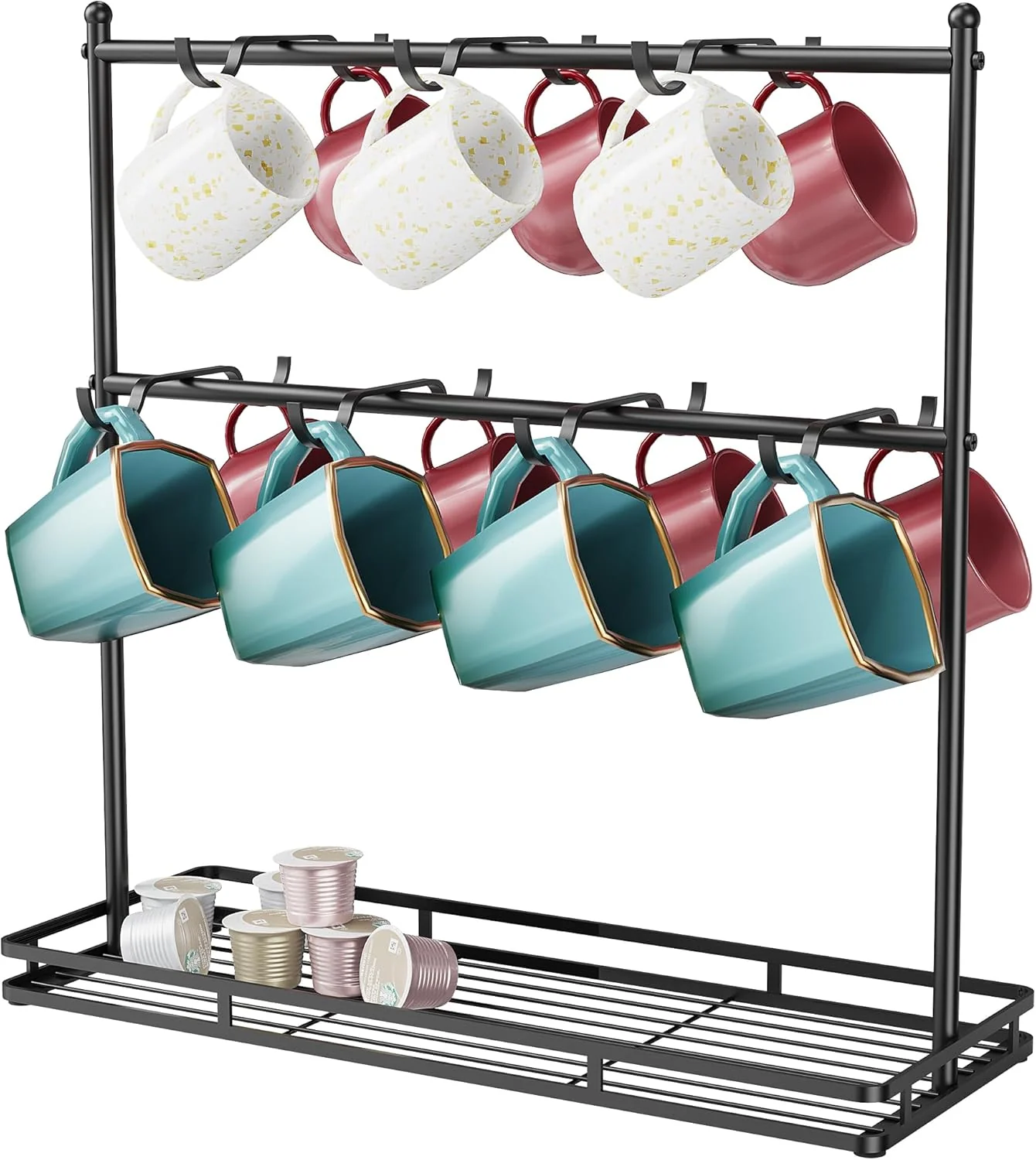 High-Quality Oropy Coffee Mug Holder for Countertop 14-Hook Mug Tree Rack for 14 Cups 2 Tier Mug Display Stand with Heavy Duty Metal Base Prestigious