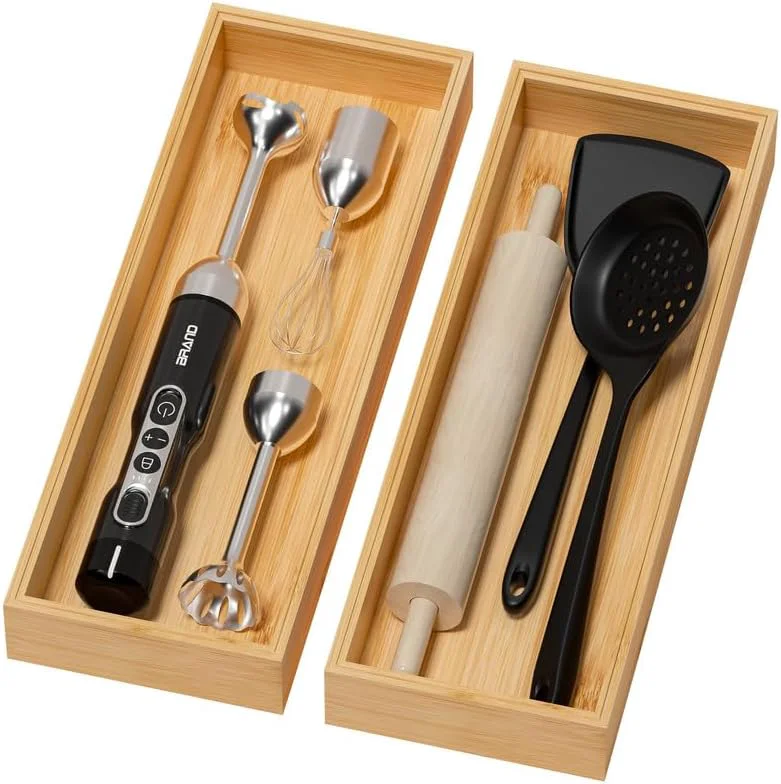 Luxury Bamboo Drawer Organizer for Kitchen Bath Extra Large Stackable Tray for Silverware Toiletries Utensils 2 Pcs 17 x 6 x 2 Outer Enhanced