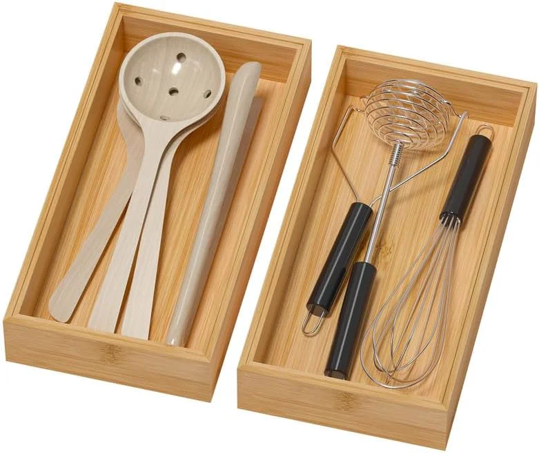 Secure Bamboo Drawer Organizer – Silverware Utensil Organizer Stackable 2 Pcs Wooden Storage Box Tray Bamboo 12 X 6 X 2 Inch High-Grade