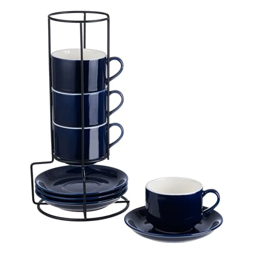 Refined 8 Ounce Porcelain Stackable Cappuccino Cups and Saucers Set of 4 4 Count Smooth