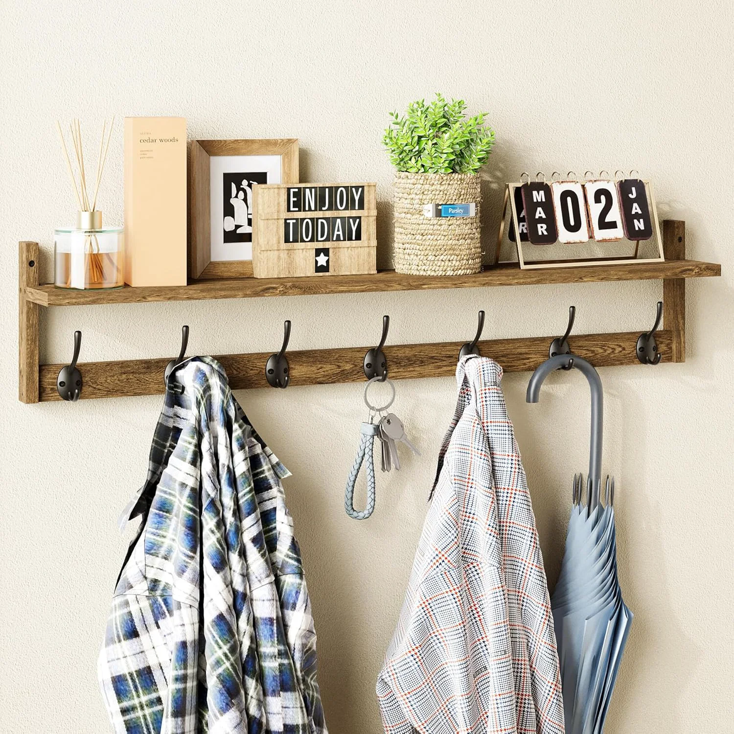 Stylish Bameos Coat Rack Wall Mount Large Wooden Coat Hooks with Shelf 35 L 7 Dual Metal Hooks for Entryway Bathroom Kitchen Living Room Bedroom Modern