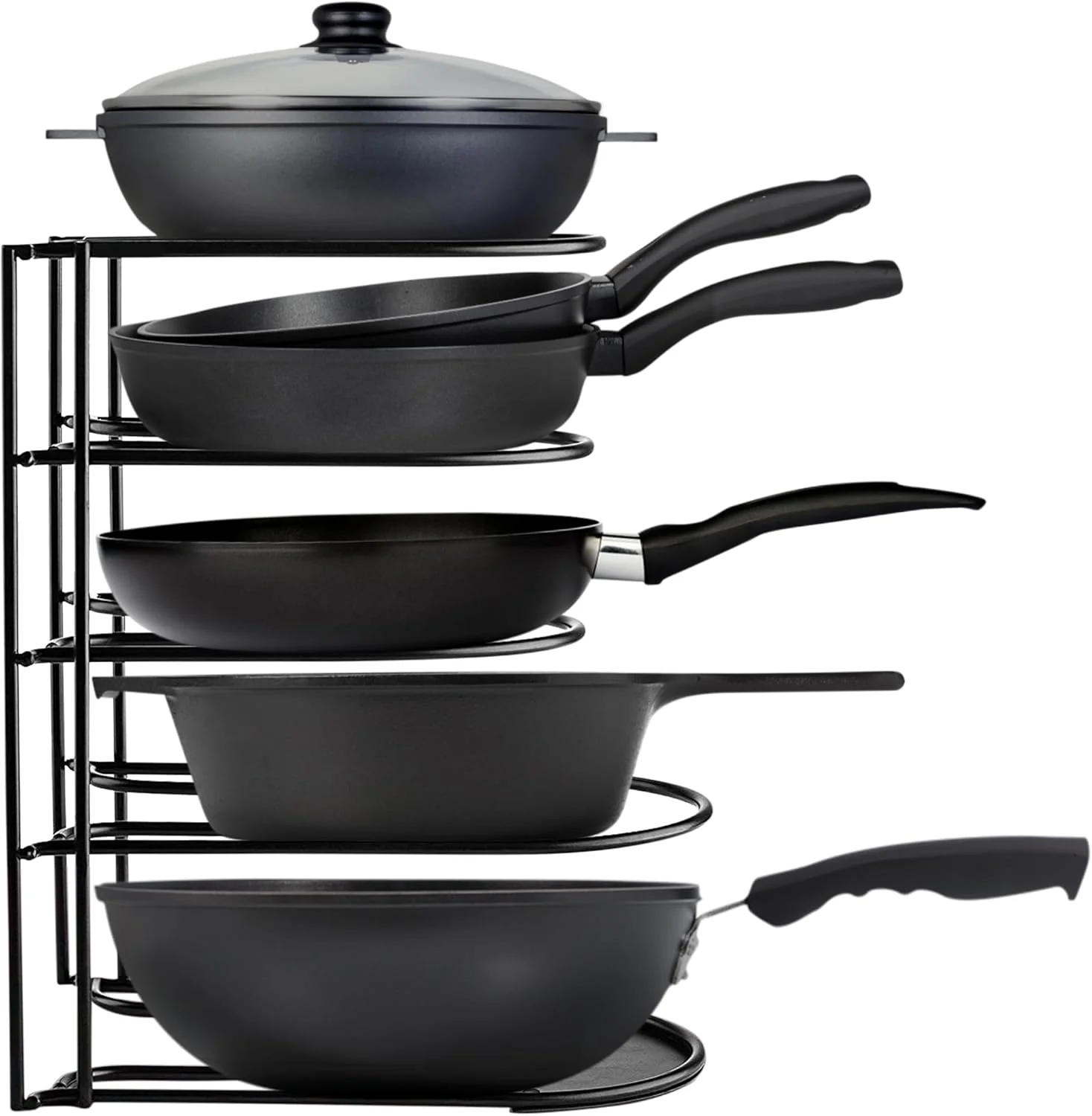 Original Design Heavy-Duty Pots and Pans Organizer 5-Tier Cookware Lid Storage Rack -Standing or Wall-Mount Kitchen Organizer for Cast Iron Skillets Pots Enhanced