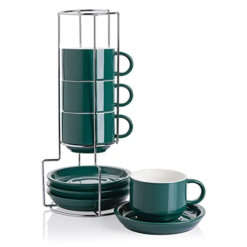 Original Design Sweejar Porcelain Cappuccino Cups with Saucers and Metal Stand 4 Count Trusted