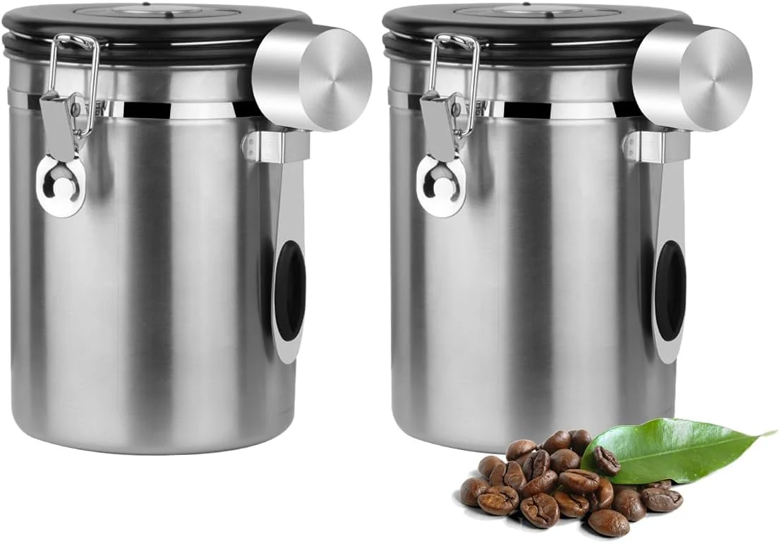 Genuine Coffee Canister Airtight Storage Container Stainless Steel Air Tight Coffee Jar with Scoop Date Tracker CO2 Release Valve for Dry Food Beans Green