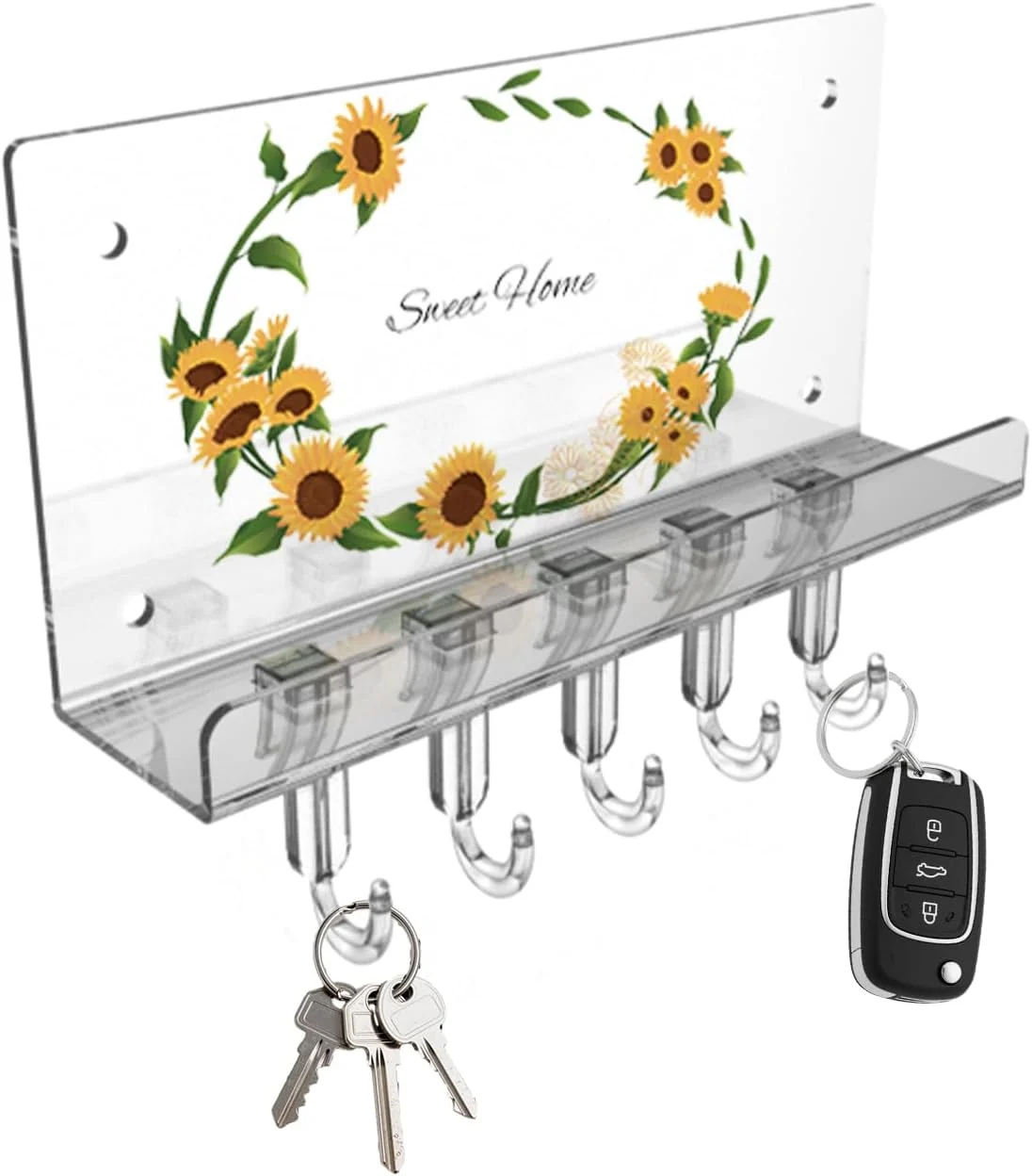 Crafted Sunflower Key Holder Wall Mount Transparent Acrylic Wall Mail Key Organizer Shelf with 5 Hooks Tray for Keys Mail Bags Home Decor Key Rack Hanger High-Performance