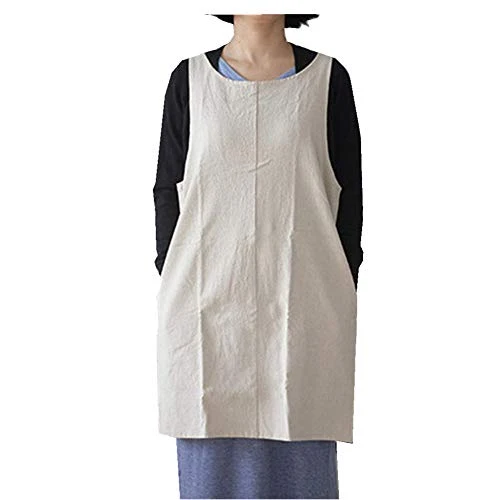 Classic Soft Cotton Linen Apron Solid Color Halter Cross Bandage Aprons Japanese Style X Shape Double Pockets Kitchen Cooking Clothes Gift for Women Chef Housewarming Carefully Designed