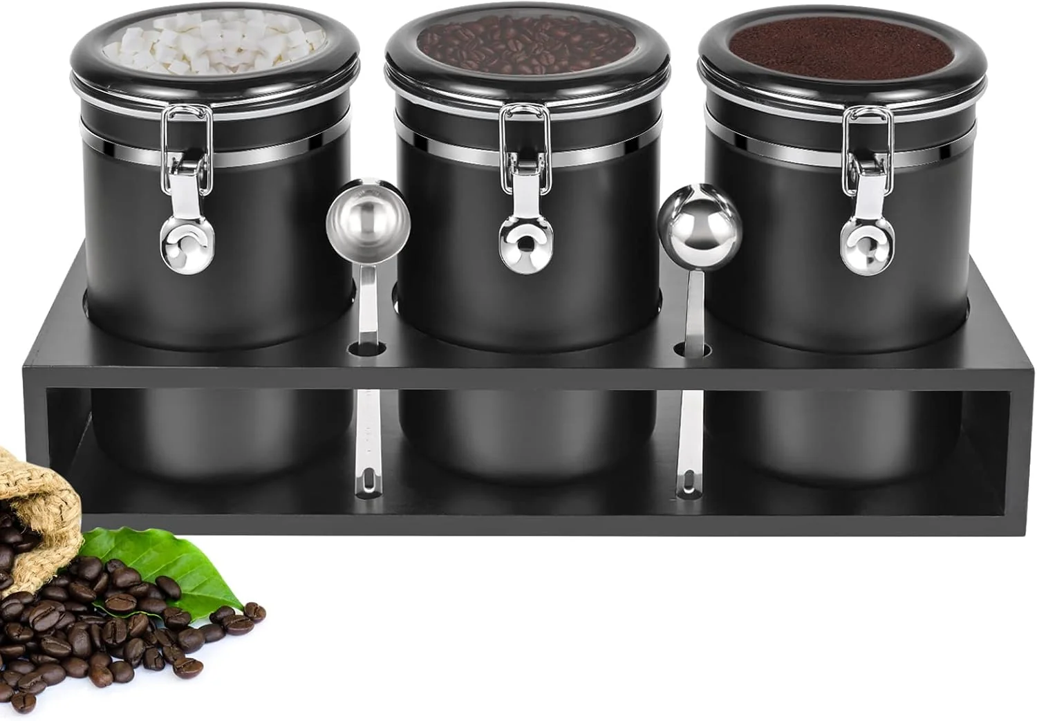 Fine Yangbaga 3x63OZ Sugar Coffee Canisters with Shelf 304 Stainless Steel Coffee Station Container for Ground Coffee Bean Storage with Airtight Locking First-Class