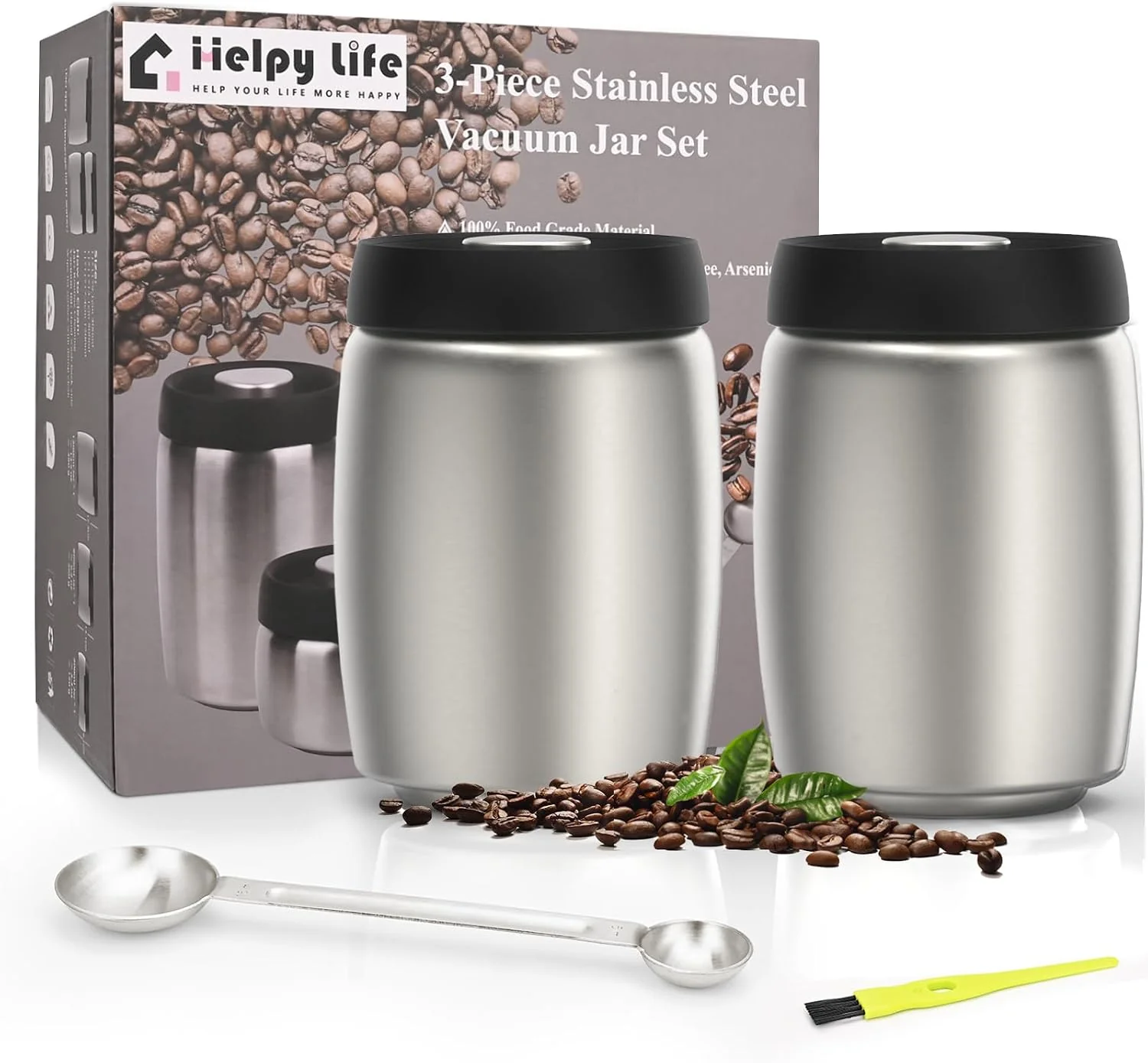 Artisan Vacuum Coffee Canister Stainless Steel Airtight Coffee Storage Containers Set with Measuring Scoop and Airtight Lid for Coffee Grounds Beans Loose Tea Sugar Spices 2400ml 32OZ L 2 Silver Authentic