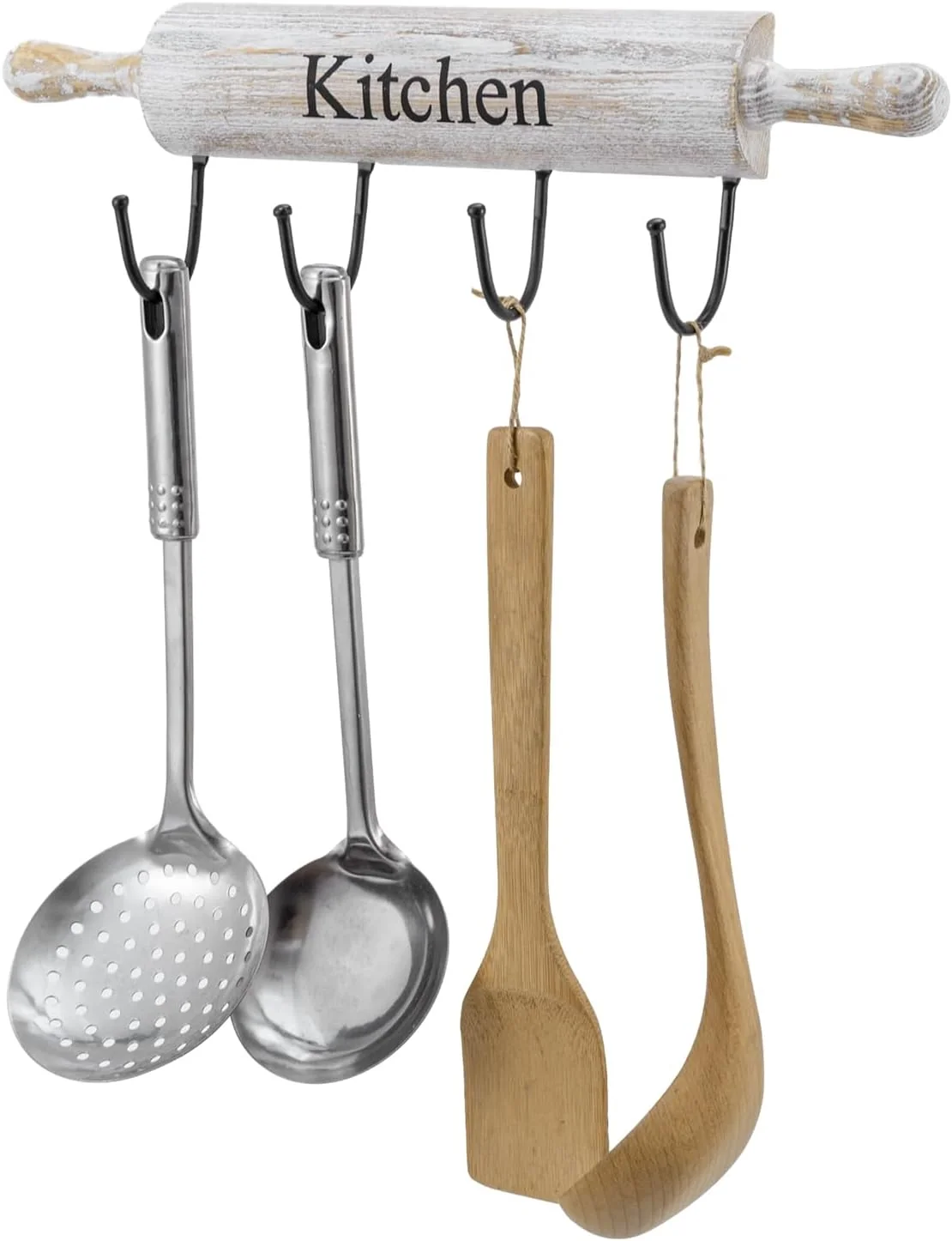 Sustainable MyGift Wall Mounted Kitchen Utensil Rack Rustic White Washed Wood Rolling Pin Cooking Tool Hanger with 4 Hooks for Aprons Dish Towel Mugs Spoons Secure