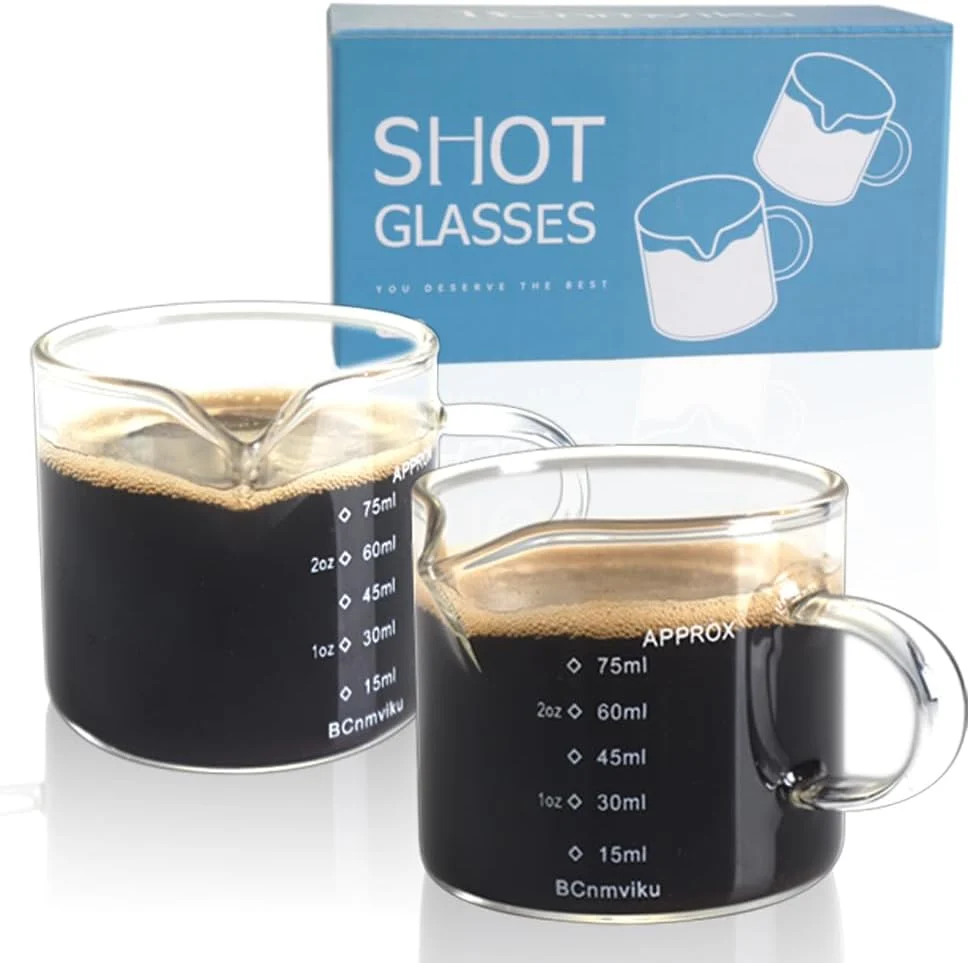 Casual BCnmviku 2 Pack Espresso Glass Measuring Cup Triple Pitcher Milk Cup 75ML Espresso Cups with Handle Shot Glass with V-Shaped Mouth Clear Accessories High-Grade